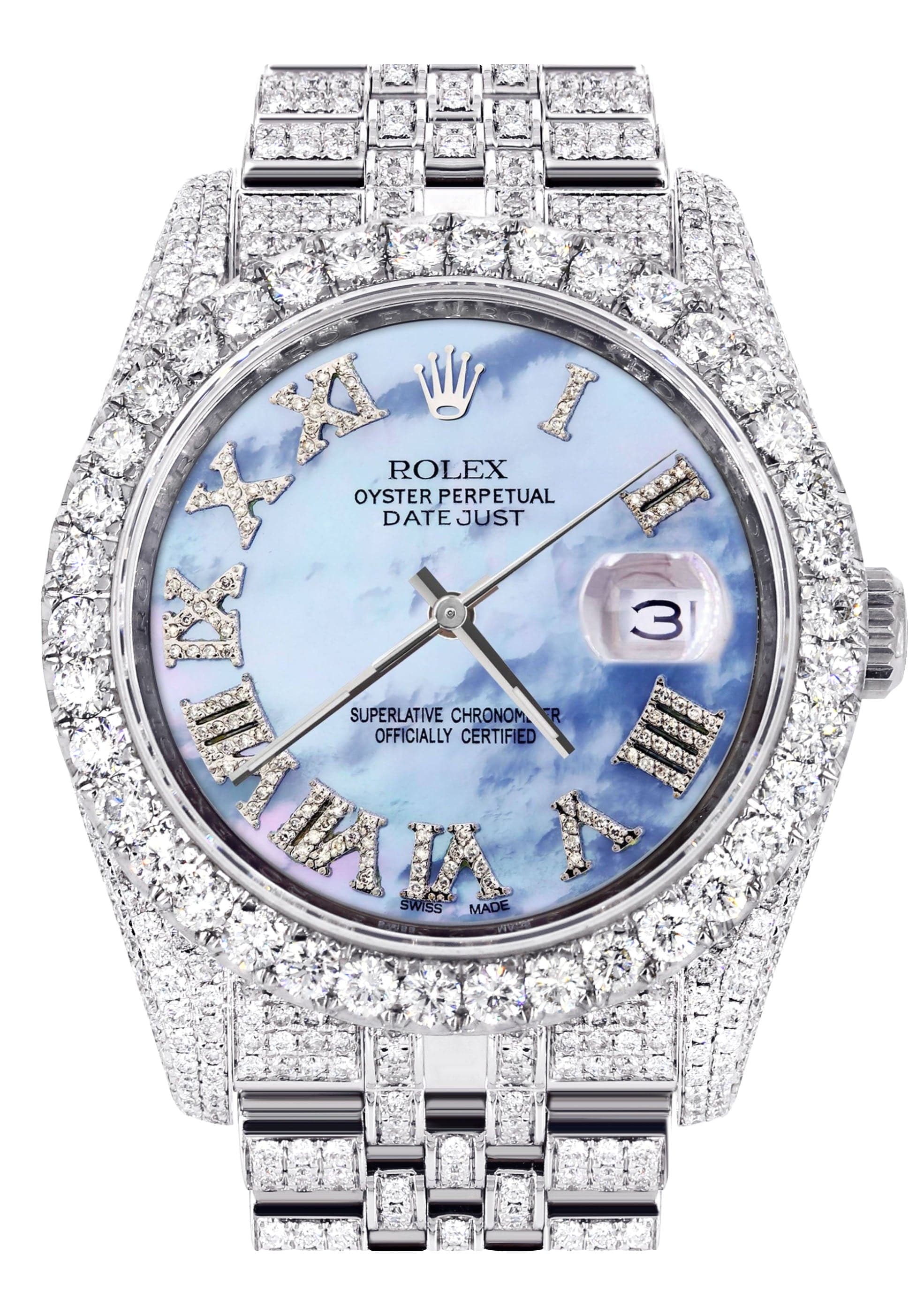 Iced Out Rolex Datejust 36 MM | Stainless Steel | 16.5 Carats of Diamonds | Blue Mother of Pearl Roman Diamond Dial | Jubilee Band | Model 116200