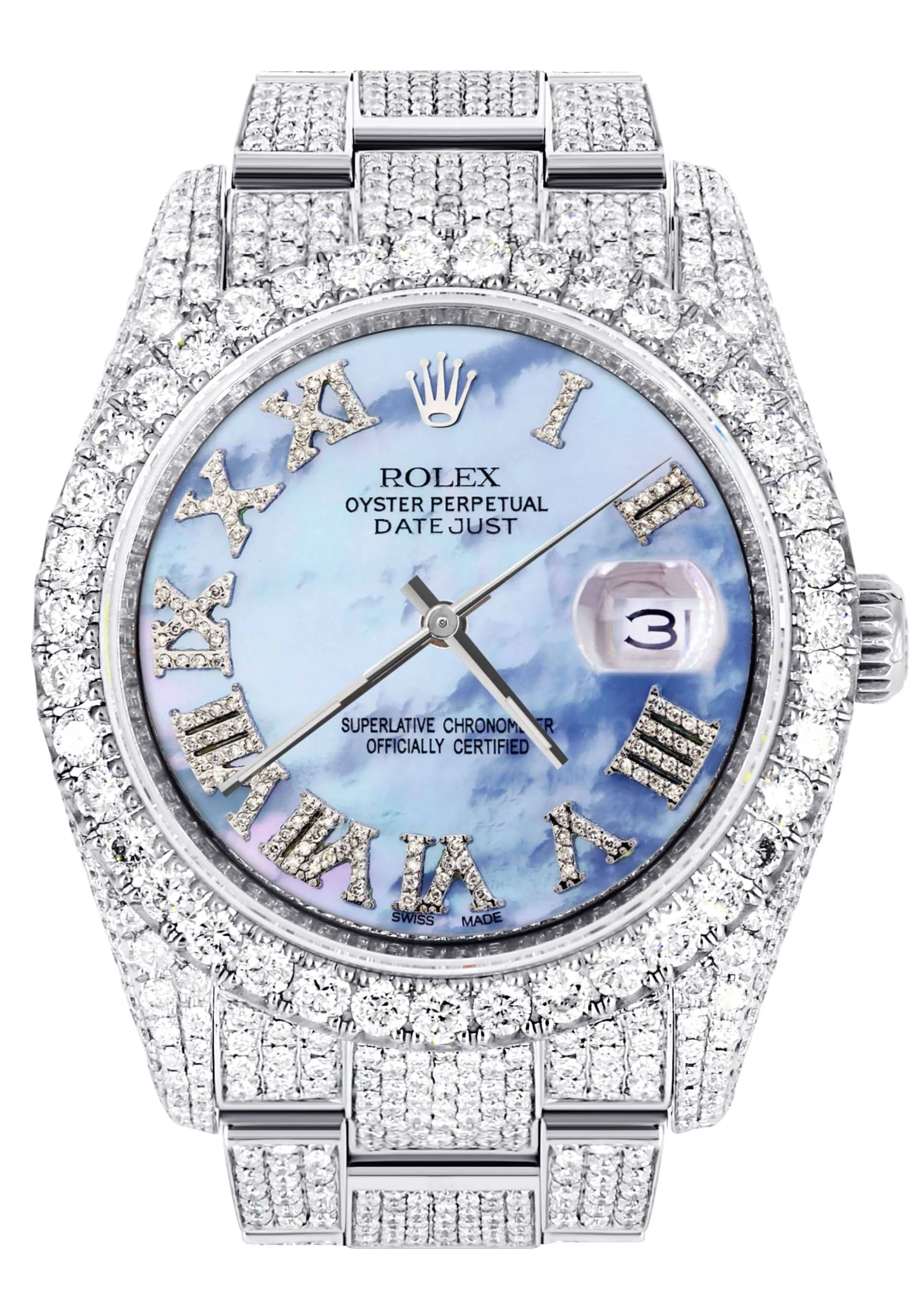 Iced Out Rolex Datejust 36 MM | Stainless Steel | 16.5 Carats of Diamonds | Blue Mother of Pearl Roman Diamond Dial | Oyster Band | Model 116200
