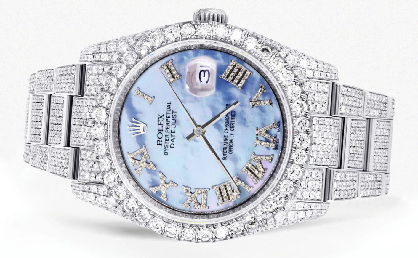 Iced Out Rolex Datejust 36 MM | Stainless Steel | 16.5 Carats of Diamonds | Blue Mother of Pearl Roman Diamond Dial | Oyster Band | Model 116200 - Image 2