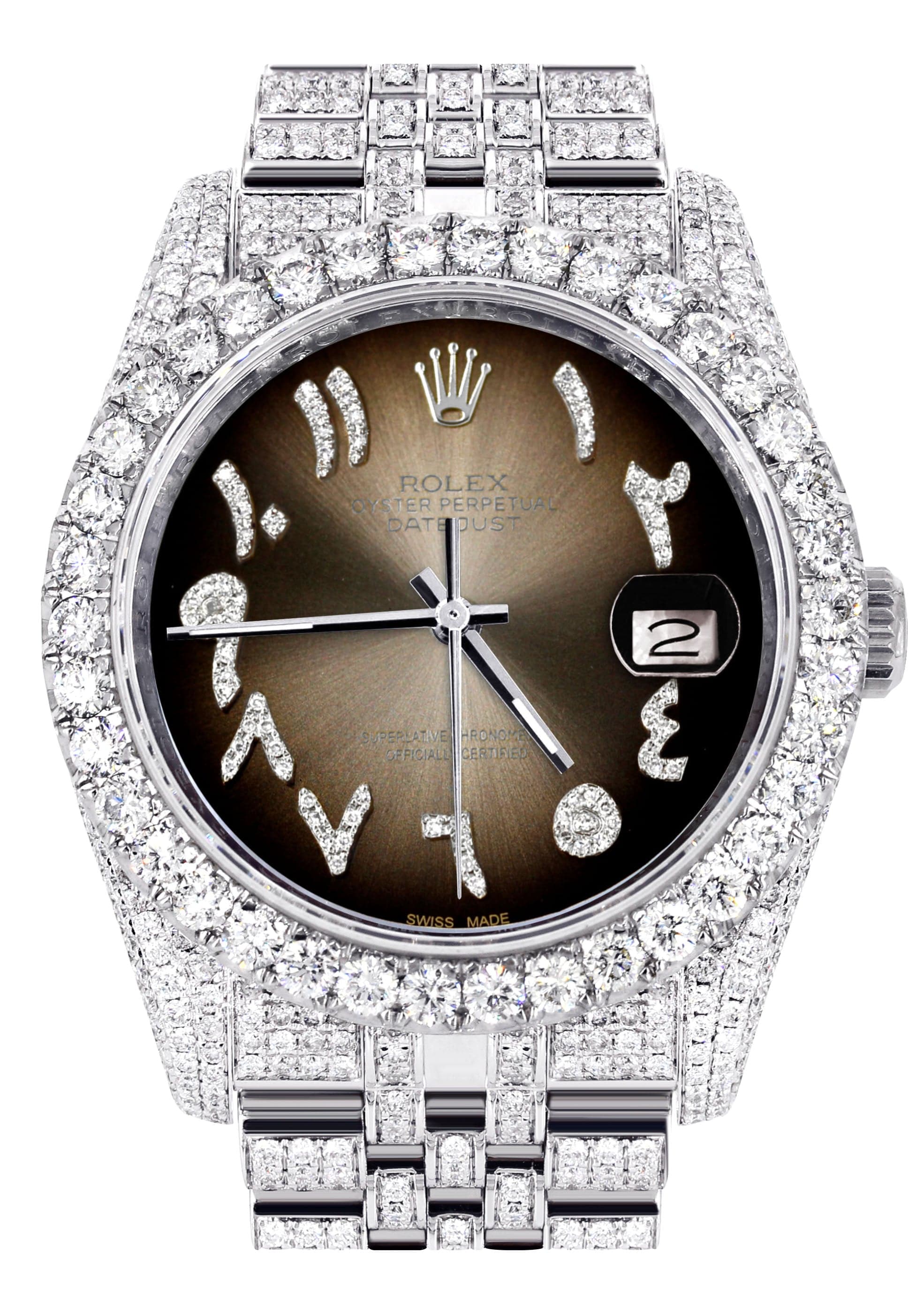 Iced Out Rolex Datejust 36 MM | Stainless Steel | 10 Carats of Diamonds | Brown Arabic Diamond Dial | Jubilee Band