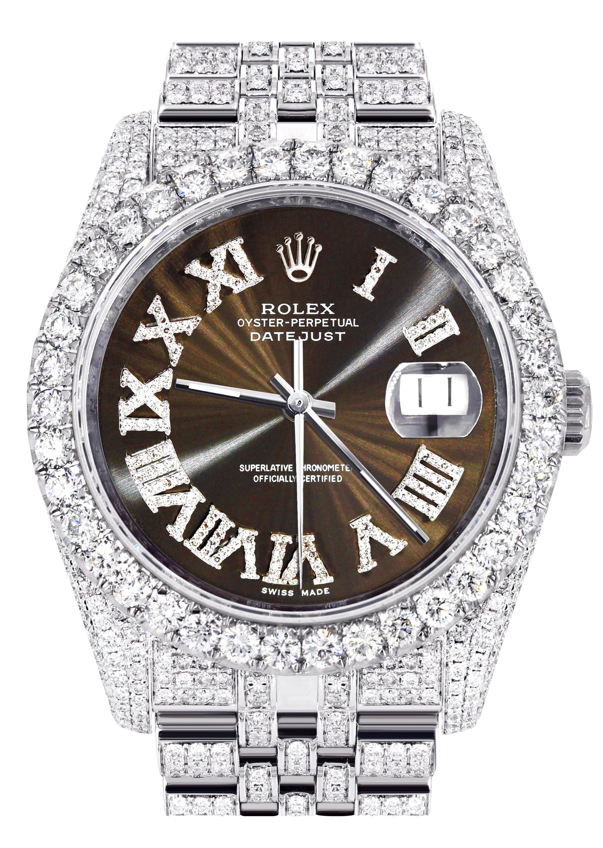 Iced Out Rolex Datejust 36 MM | Stainless Steel | 10 Carats of Diamonds | Brown Roman Diamond Dial | Jubilee Band