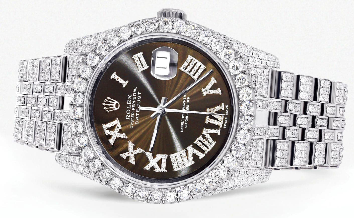 Iced Out Rolex Datejust 36 MM | Stainless Steel | 10 Carats of Diamonds | Brown Roman Diamond Dial | Jubilee Band - Image 2