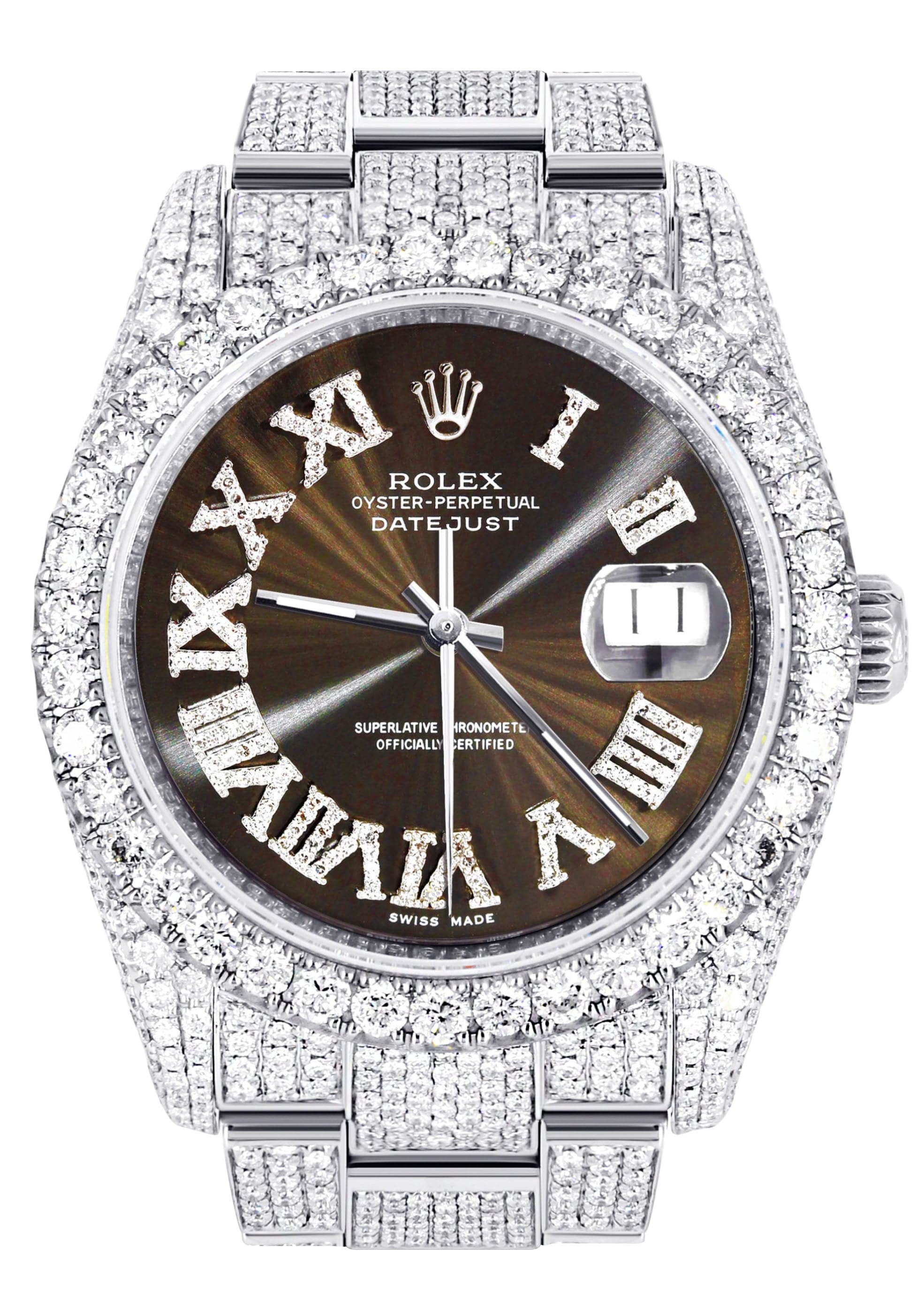 Iced Out Rolex Datejust 36 MM | Stainless Steel | 10 Carats of Diamonds | Brown Roman Diamond Dial | Oyster Band