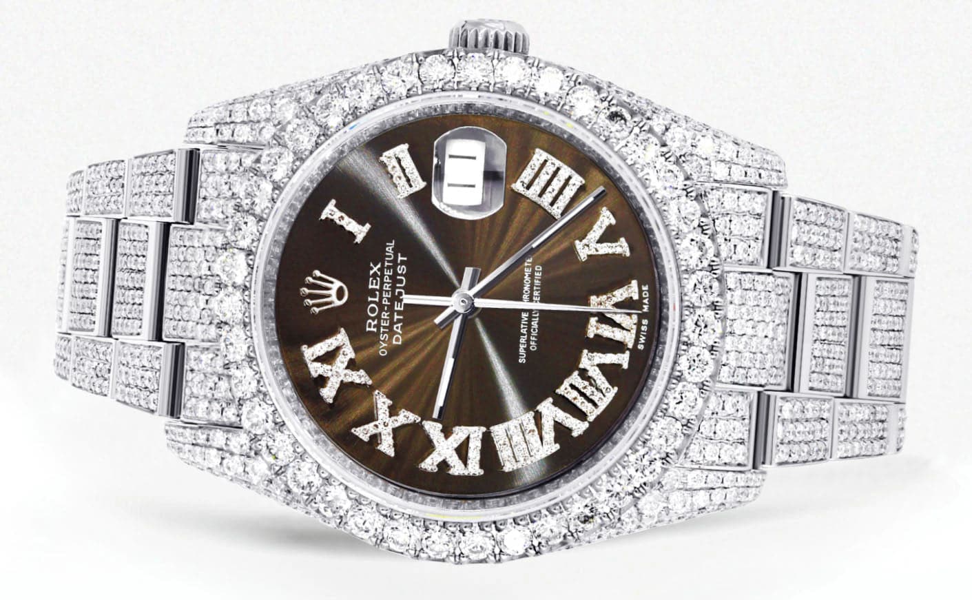 Iced Out Rolex Datejust 36 MM | Stainless Steel | 10 Carats of Diamonds | Brown Roman Diamond Dial | Oyster Band - Image 2
