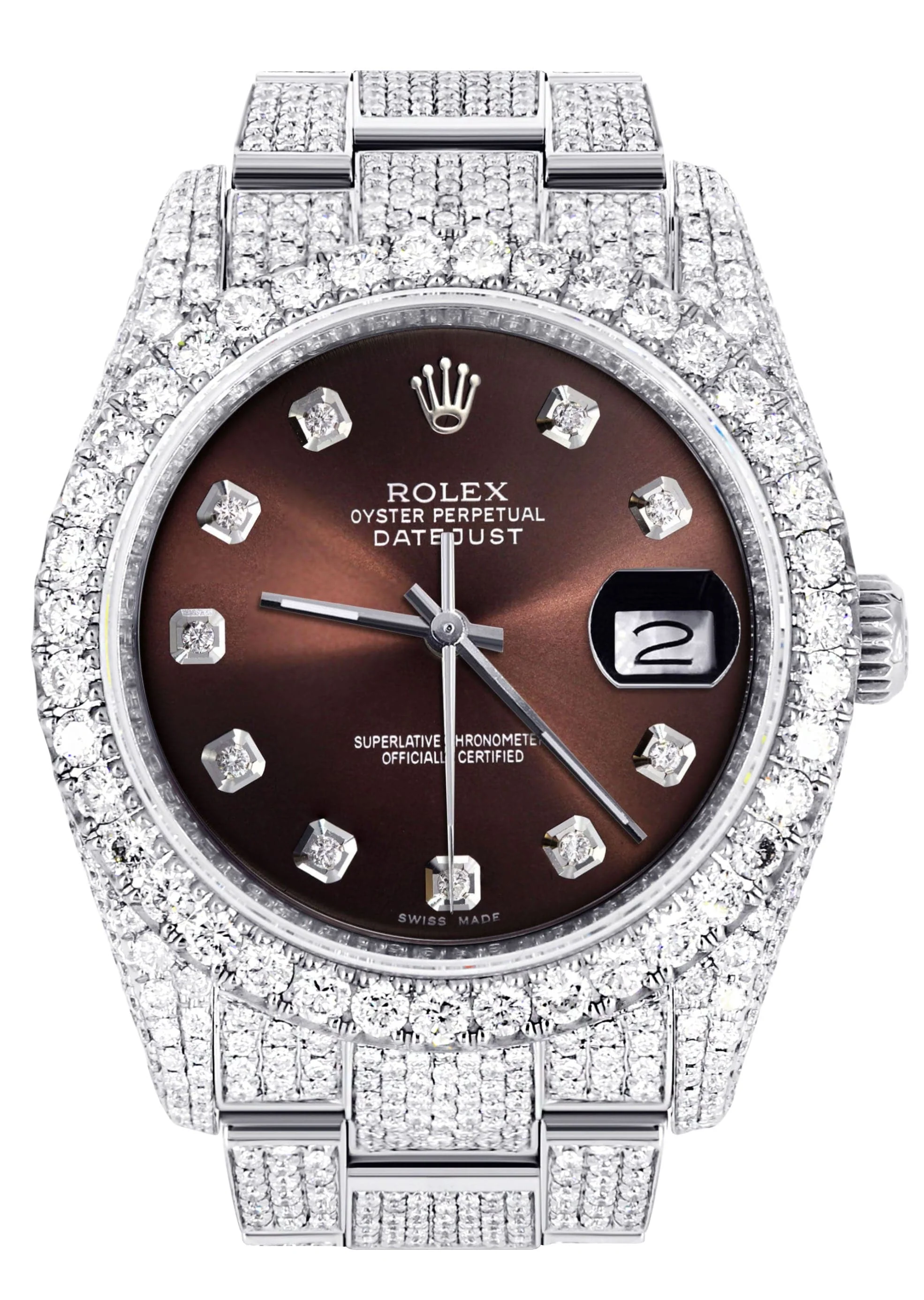 Iced Out Rolex Datejust 36 MM | Stainless Steel | 16.5 Carats of Diamonds | Chocolate Diamond Dial | Oyster Band | Model 116200