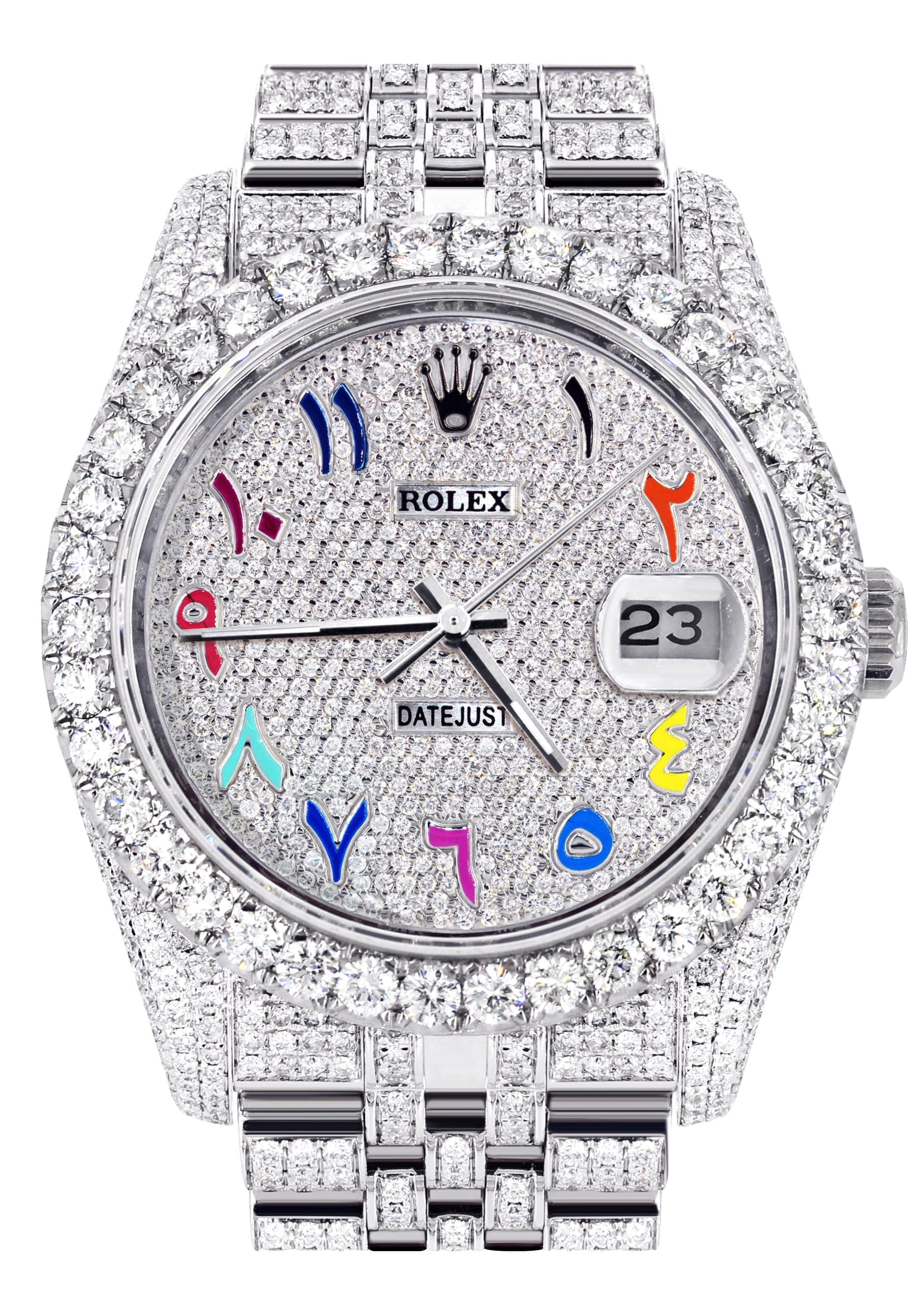 Iced Out Rolex Datejust 36 MM | Stainless Steel | 20 Carats of Diamonds | Full Diamond Color Arabic Diamond Dial | Jubilee Band