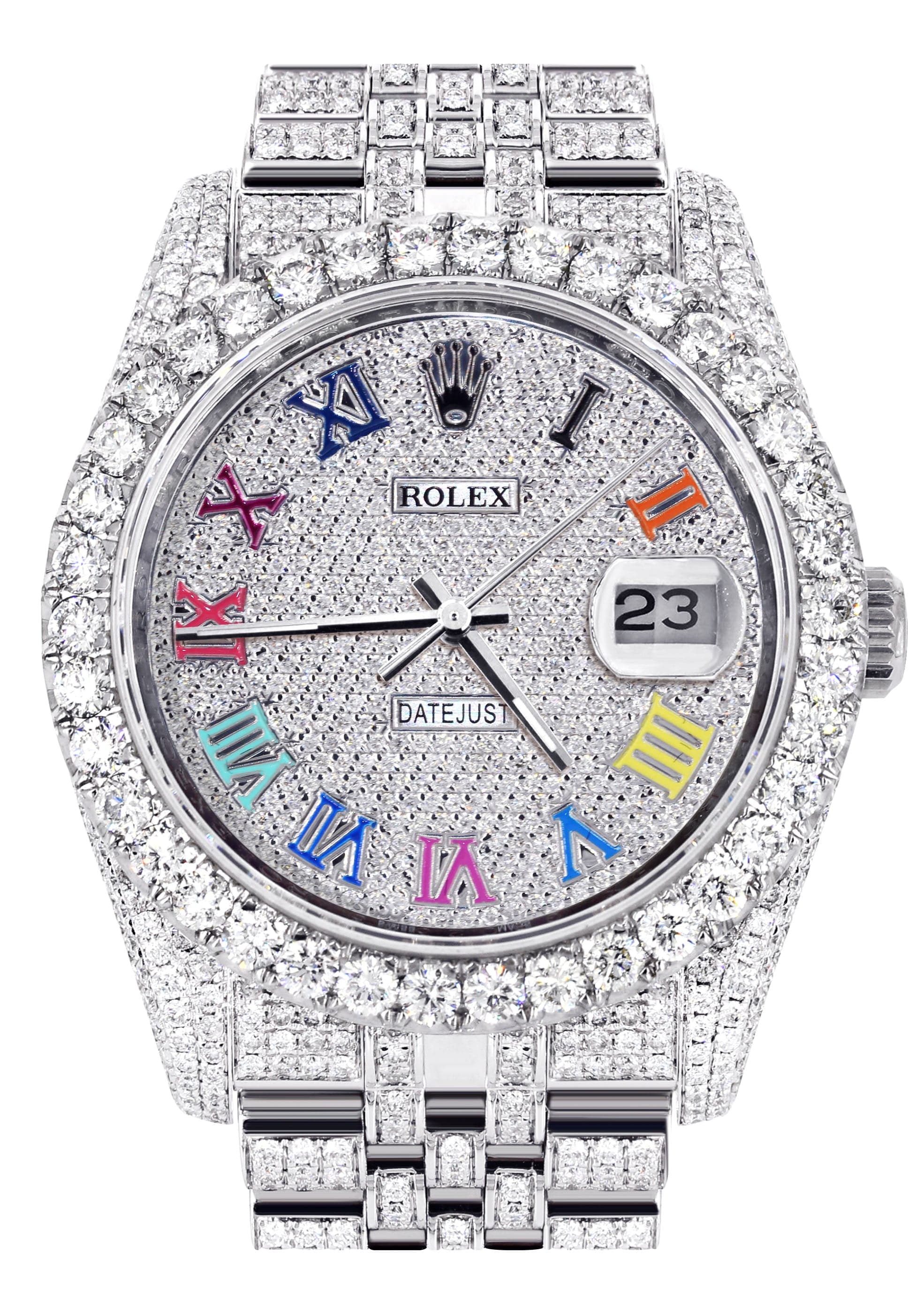 Iced Out Rolex Datejust 36 MM | Stainless Steel | 16.5 Carats of Diamonds | Full Diamond Color Roman Diamond Dial | Jubilee Band