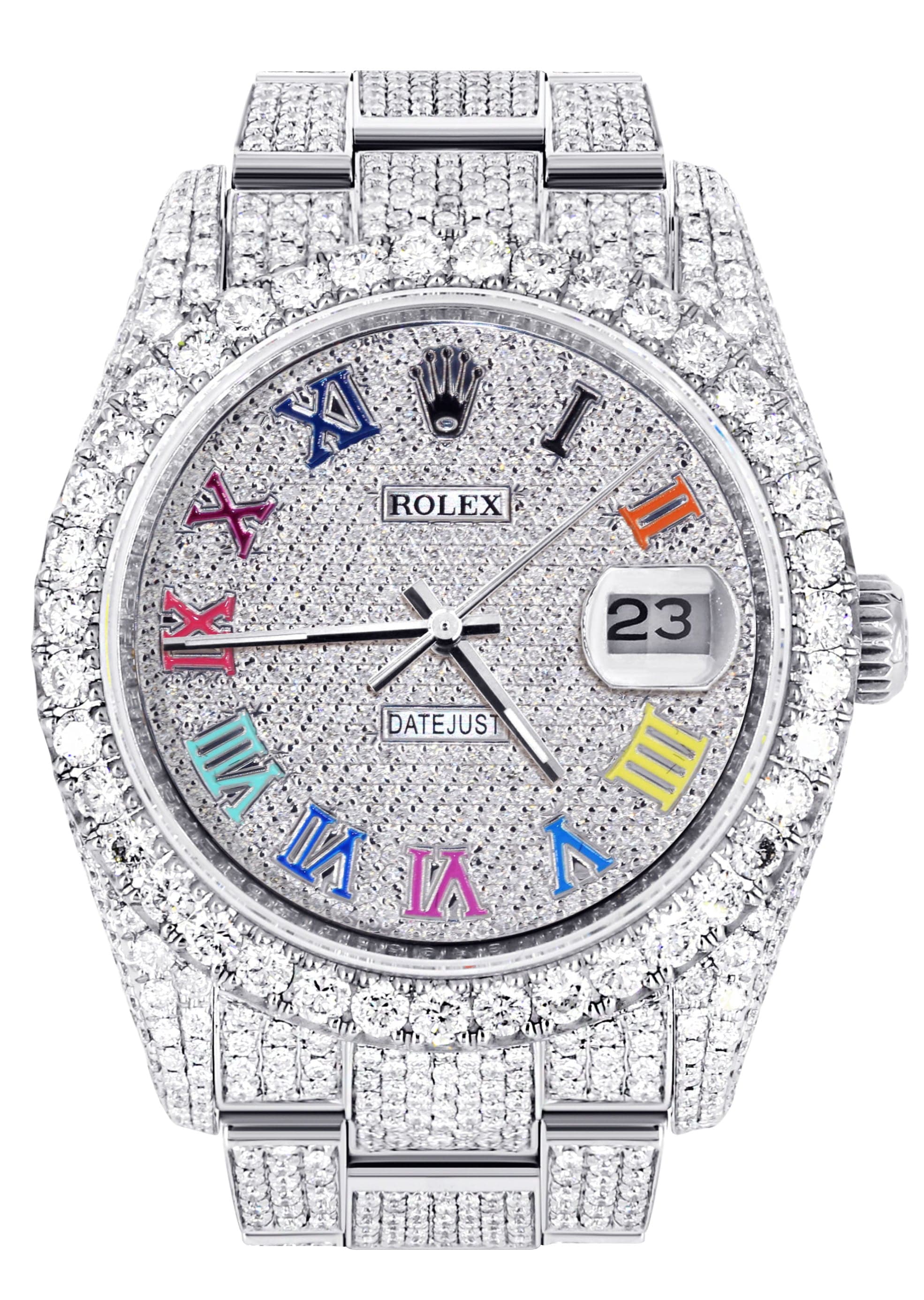 Iced Out Rolex Datejust 36 MM | Stainless Steel | 10 Carats of Diamonds | Full Diamond Color Roman Diamond Dial | Oyster Band