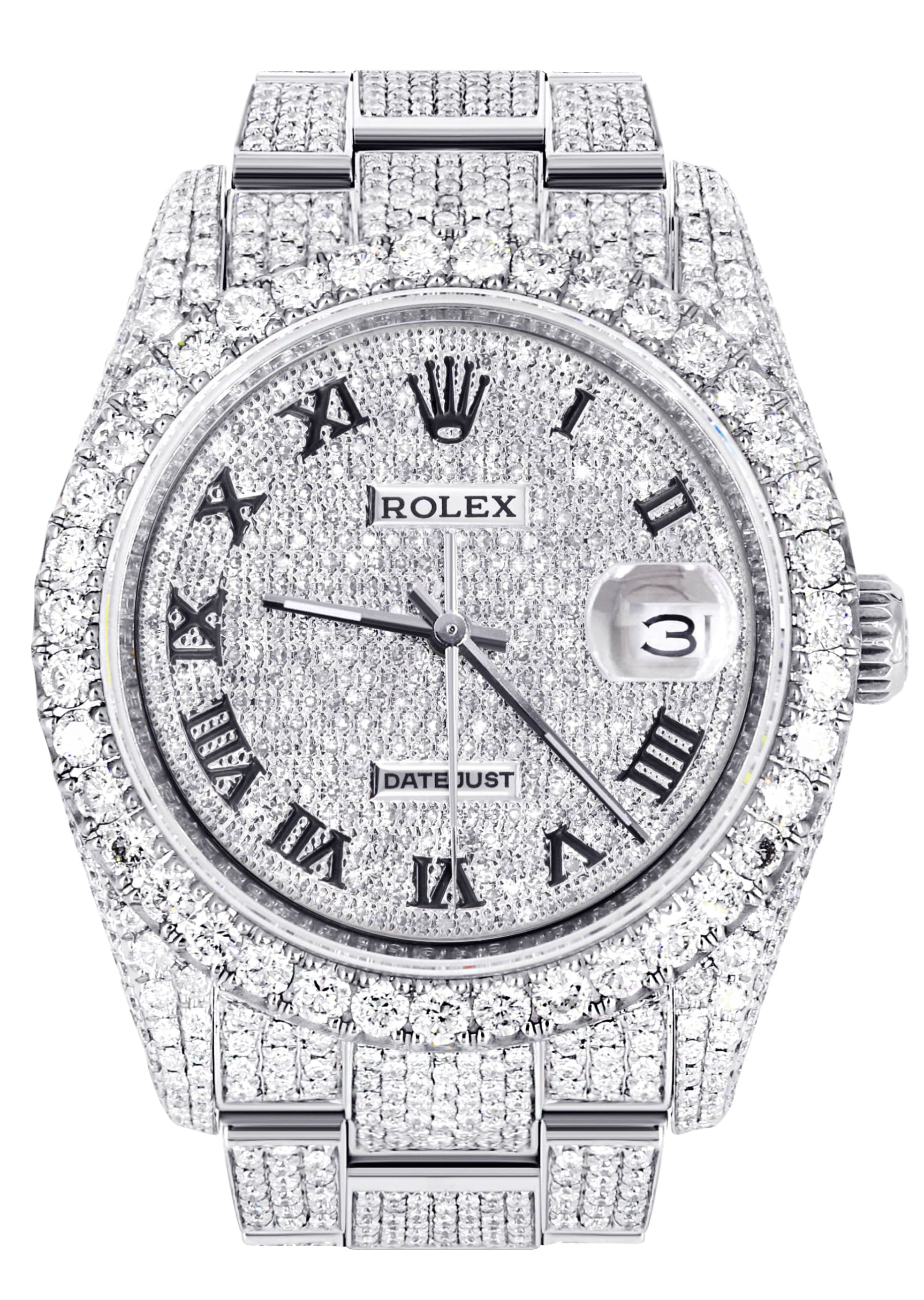 Iced Out Rolex Datejust 36 MM | Stainless Steel | 16.5 Carats of Diamonds | Full Diamond Roman Numeral Diamond Dial | Oyster Band | Model 116200