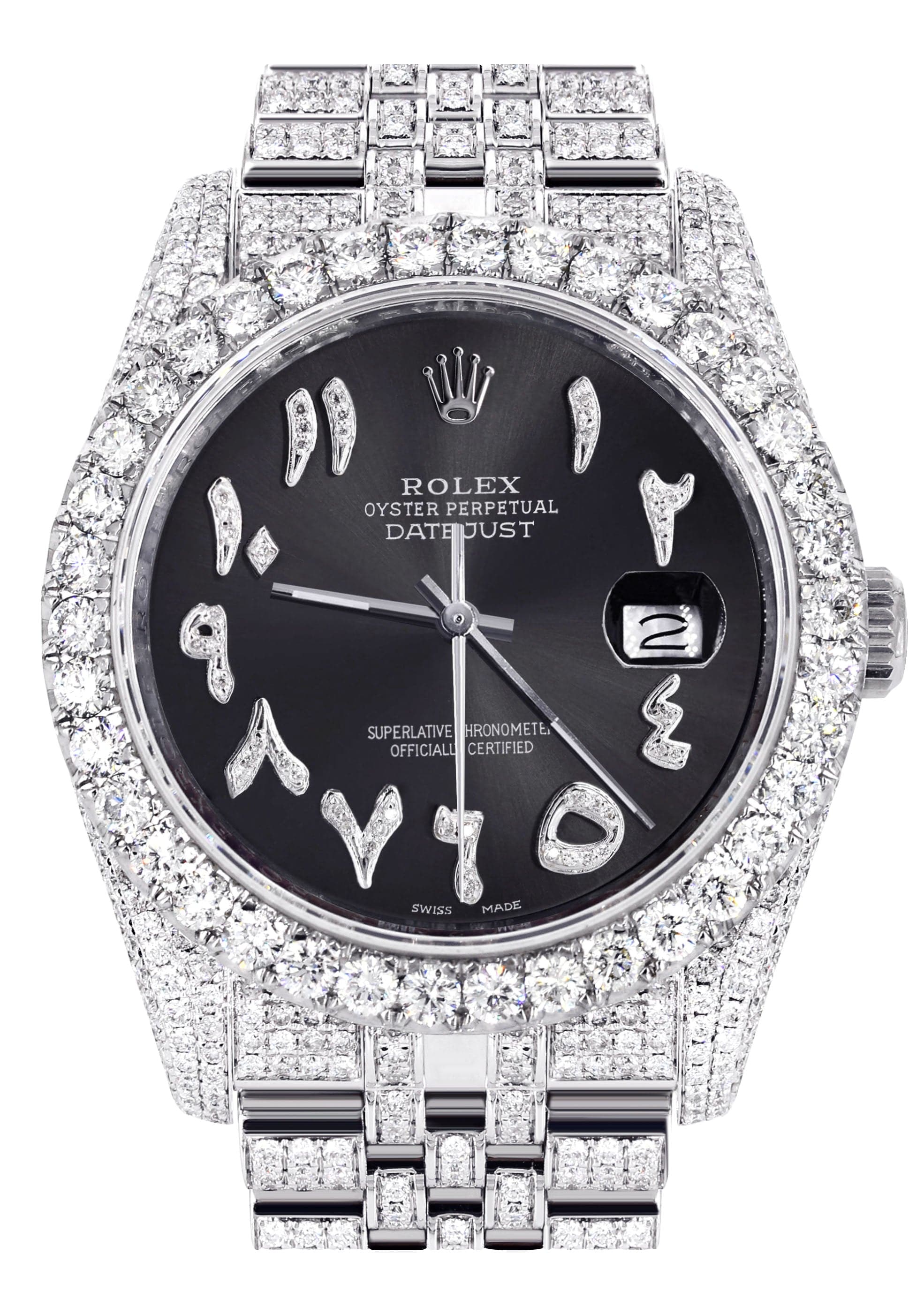 Iced Out Rolex Datejust 36 MM | Stainless Steel | 16.5 Carats of Diamonds | Graphite Arabic Diamond Dial | Jubilee Band | Model 116200
