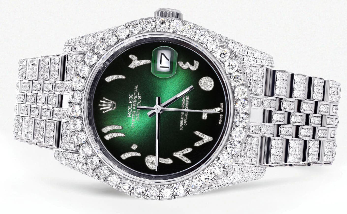 Iced Out Rolex Datejust 36 MM | Stainless Steel | 16.5 Carats of Diamonds | Green Black Arabic Diamond Dial | Jubilee Band | Model 116200 - Image 2