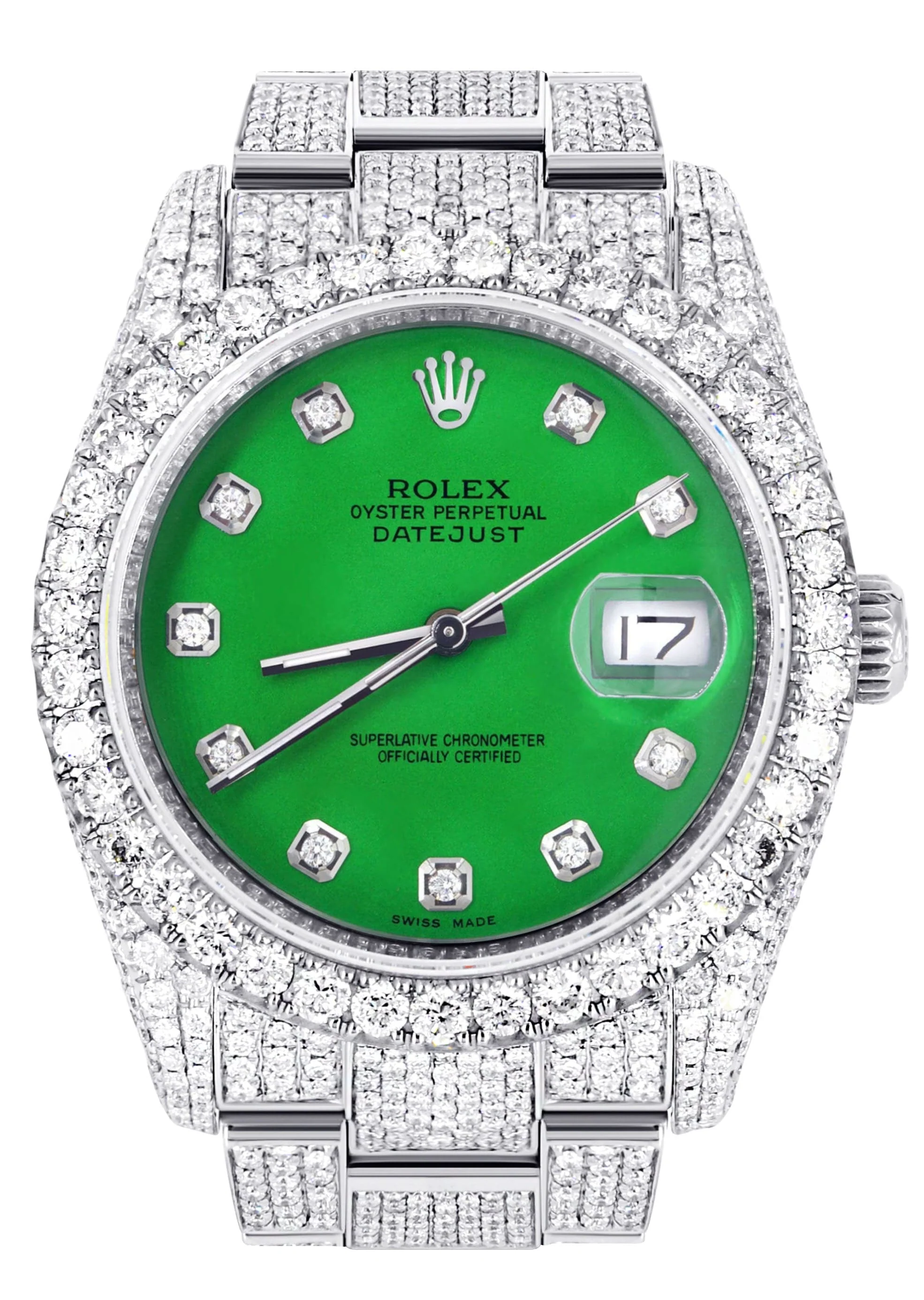 Iced Out Rolex Datejust 36 MM | Stainless Steel | 16.5 Carats of Diamonds | Green Diamond Dial | Oyster Band | Model 116200