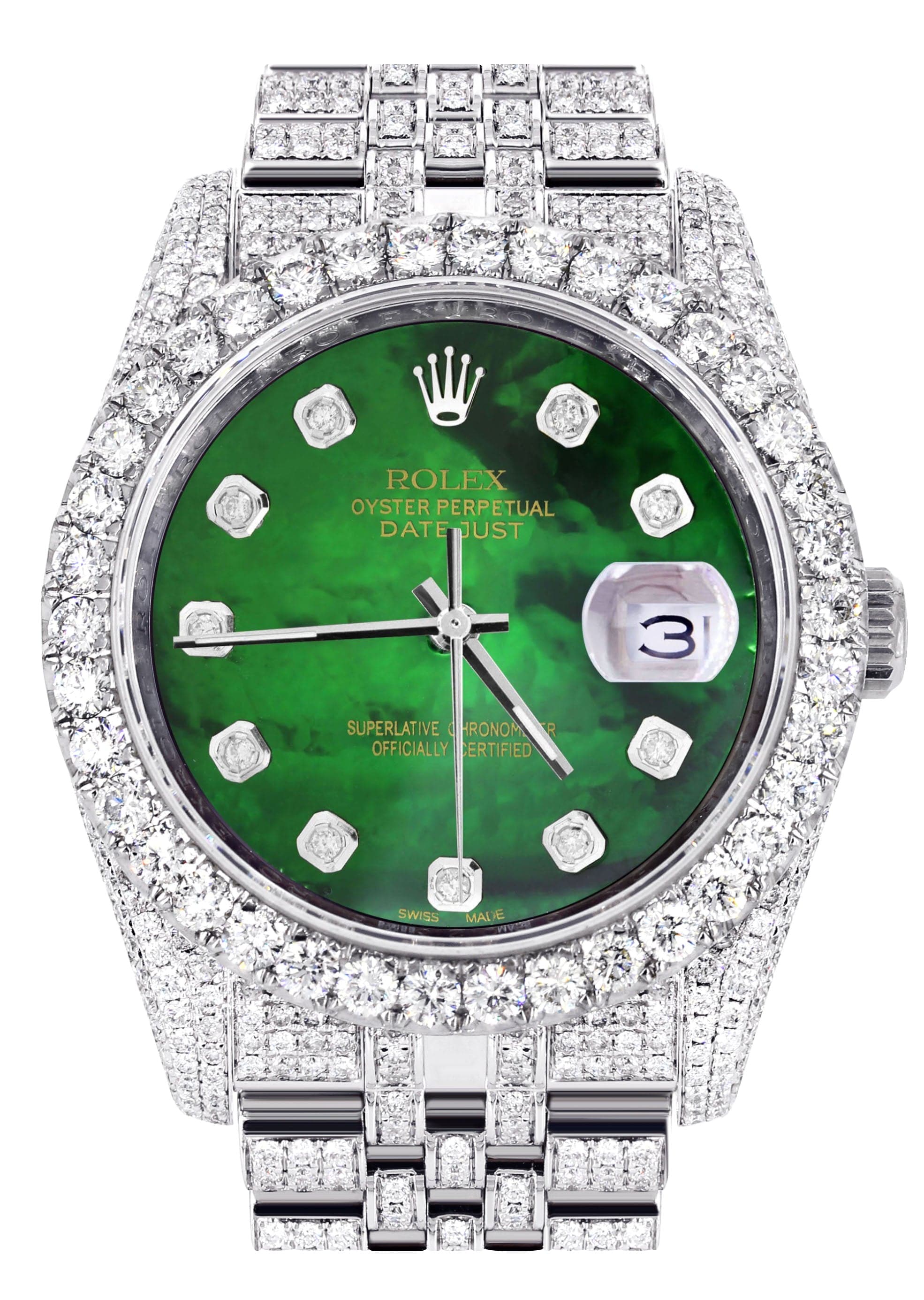 Iced Out Rolex Datejust 36 MM | Stainless Steel | 16.5 Carats of Diamonds | Green Mother of Pearl Diamond Dial | Jubilee Band | Model 116200