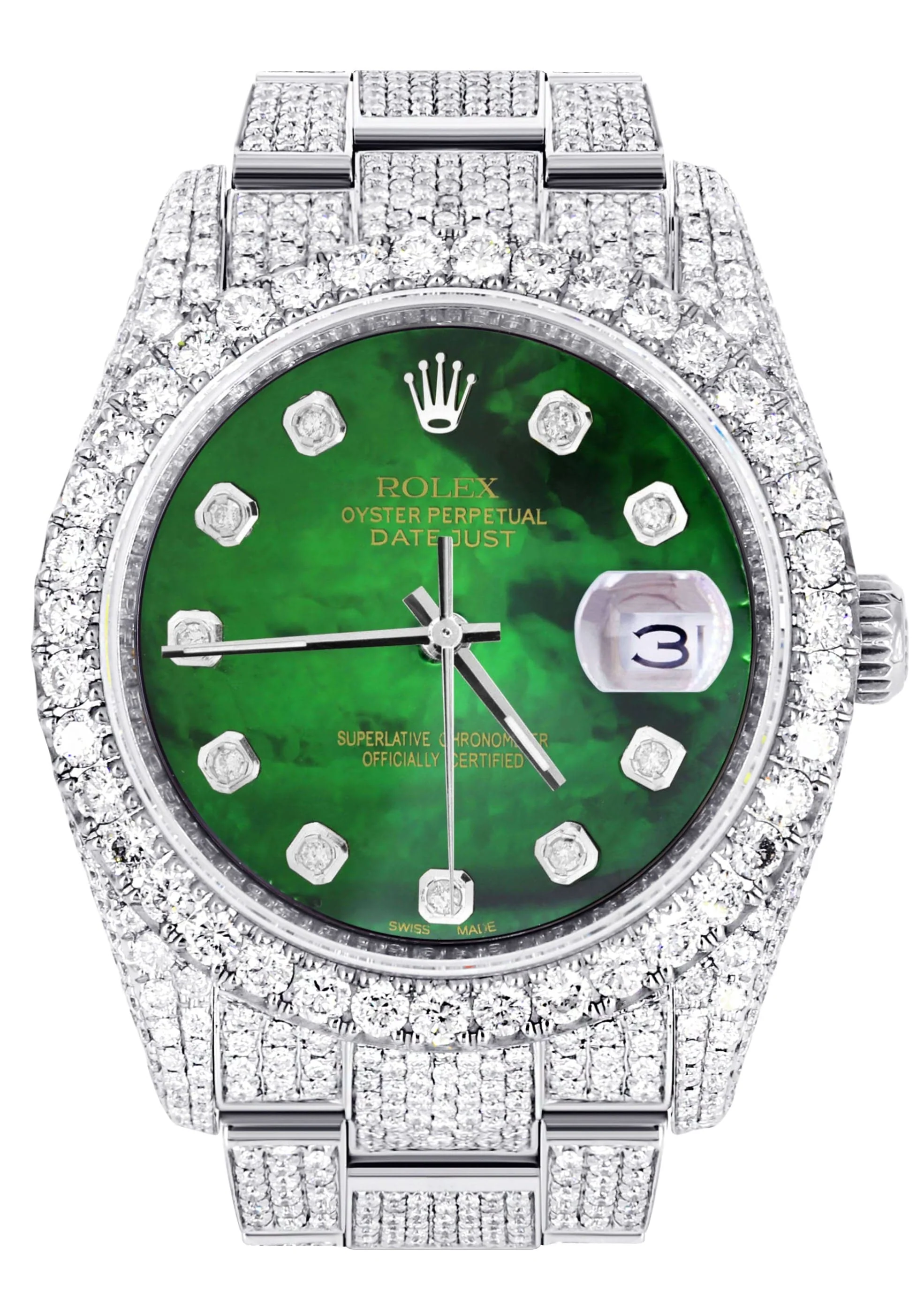 Iced Out Rolex Datejust 36 MM | Stainless Steel | 16.5 Carats of Diamonds | Green Mother of Pearl Diamond Dial | Oyster Band | Model 116200