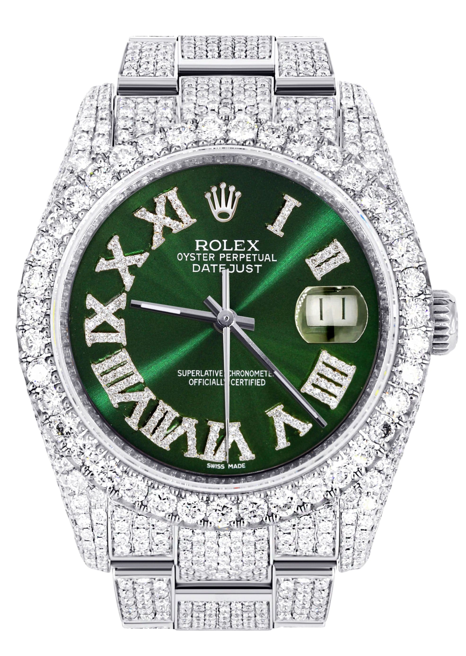 Iced Out Rolex Datejust 36 MM | Stainless Steel | 16.5 Carats of Diamonds | Green Roman Diamond Dial | Oyster Band | Model 116200