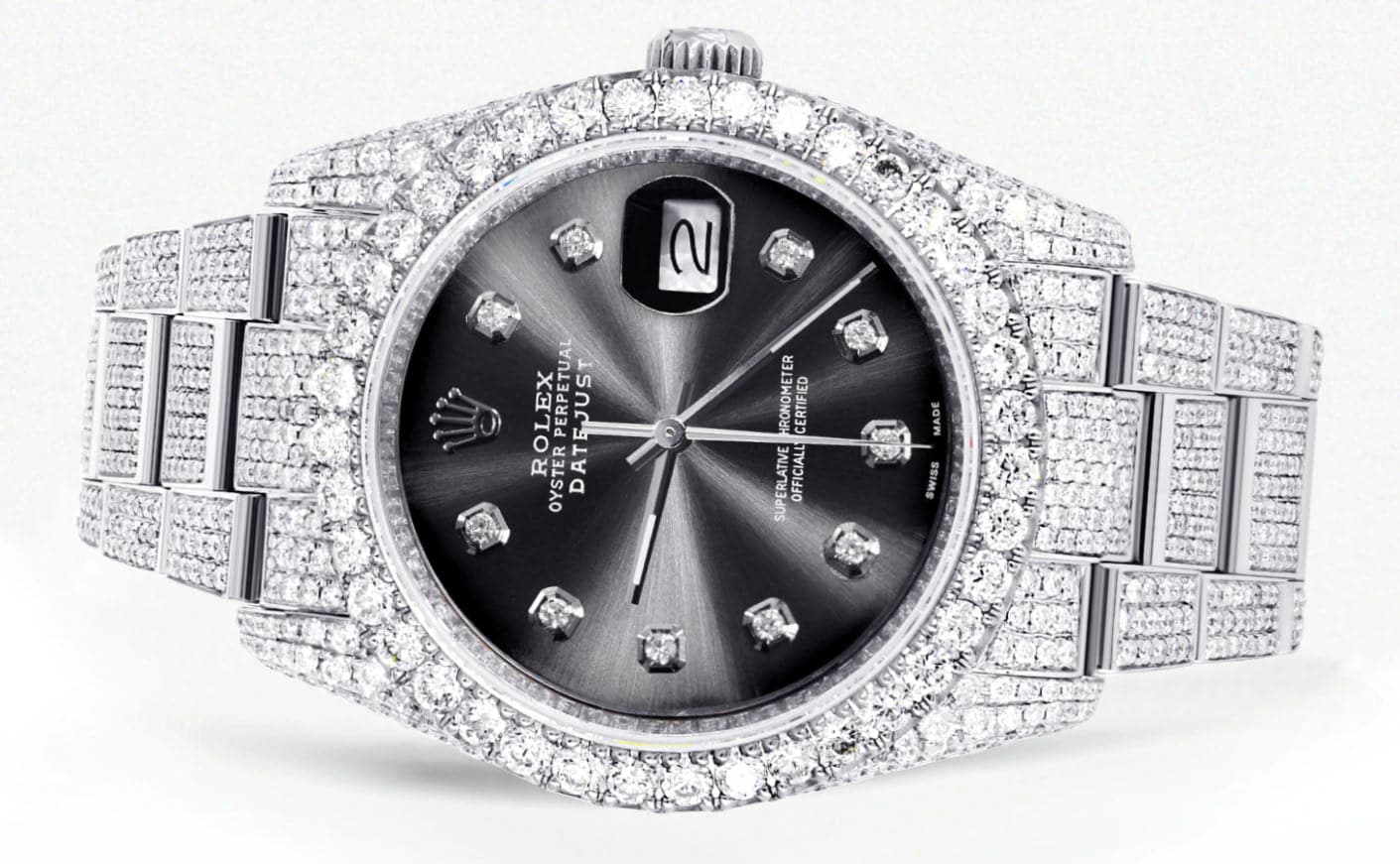 Iced Out Rolex Datejust 36 MM | Stainless Steel | 16.5 Carats of Diamonds | Jet Black Diamond Dial | Oyster Band | Model 116200 - Image 2