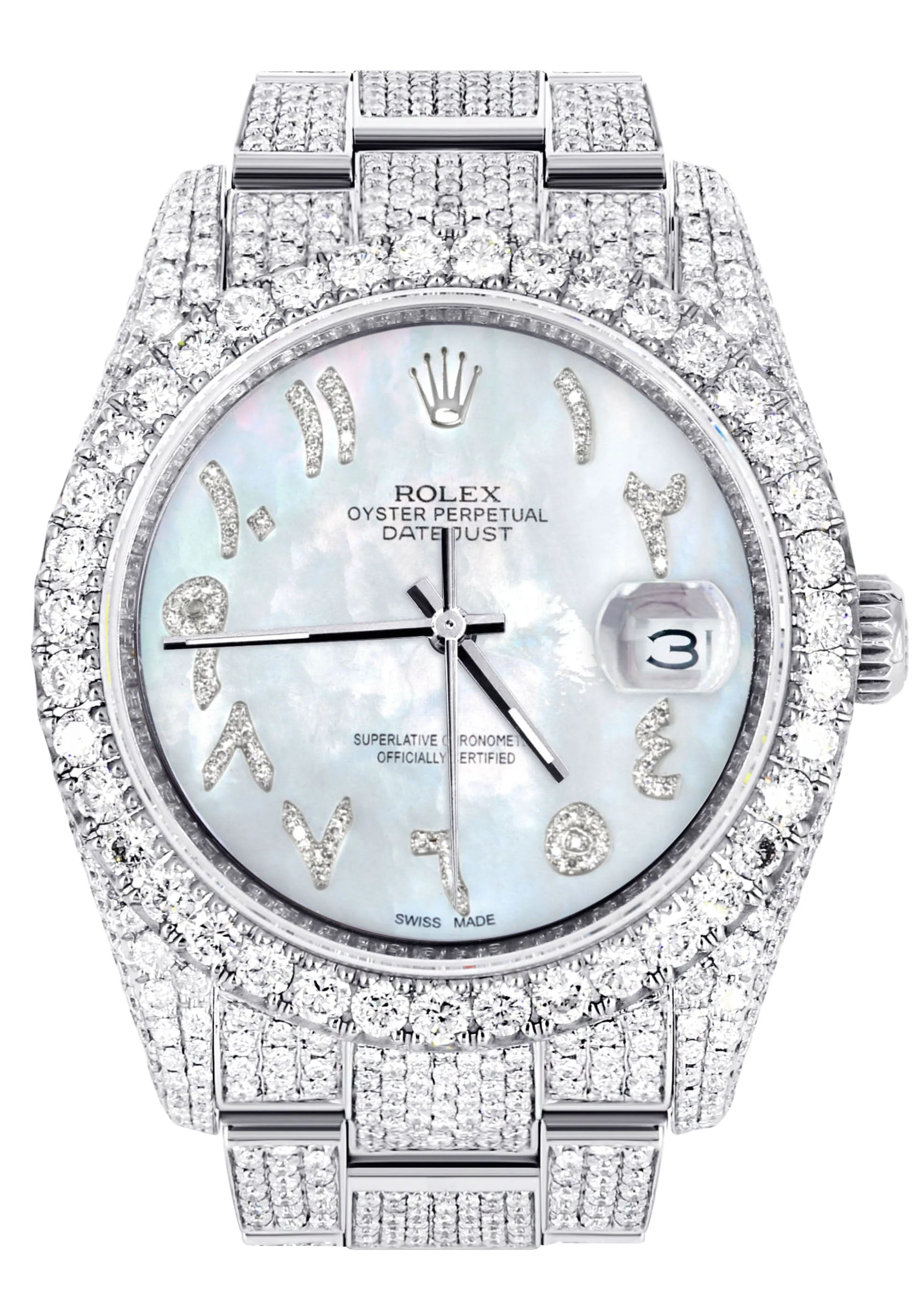 Iced Out Rolex Datejust 36 MM | Stainless Steel | 16.5 Carats of Diamonds | Light Mother of Pearl Arabic Diamond Dial | Oyster Band | Model 116200