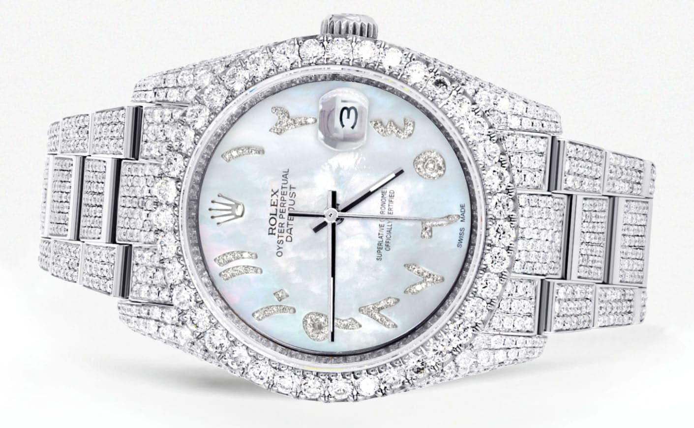 Iced Out Rolex Datejust 36 MM | Stainless Steel | 16.5 Carats of Diamonds | Light Mother of Pearl Arabic Diamond Dial | Oyster Band | Model 116200 - Image 2