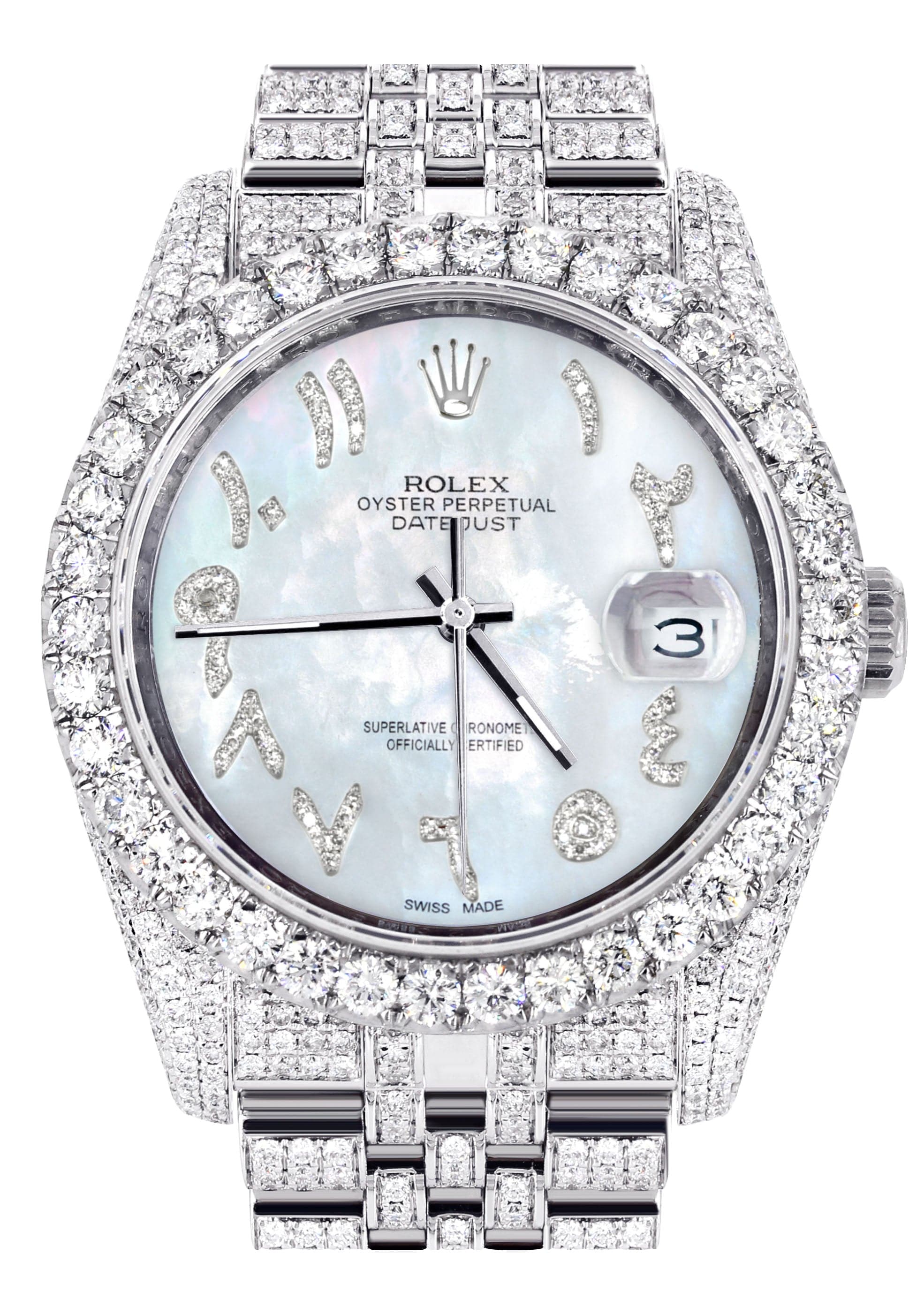 Iced Out Rolex Datejust 36 MM | Stainless Steel | 16.5 Carats of Diamonds | Mother of Pearl Arabic Diamond Dial | Jubilee Band | Model 116200