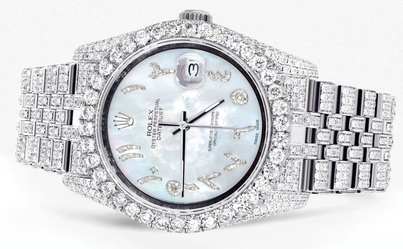 Iced Out Rolex Datejust 36 MM | Stainless Steel | 16.5 Carats of Diamonds | Mother of Pearl Arabic Diamond Dial | Jubilee Band | Model 116200 - Image 2