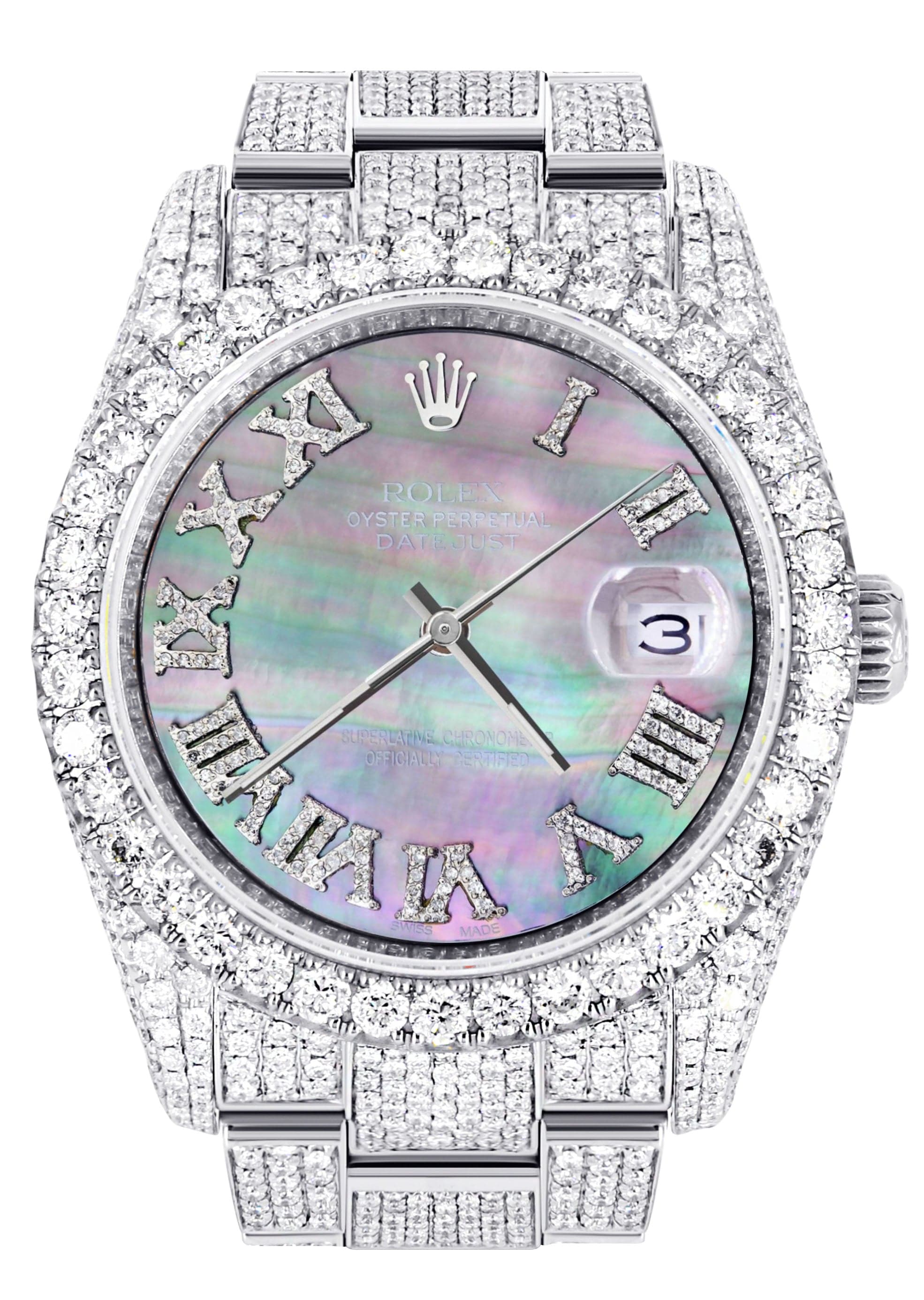 Iced Out Rolex Datejust 36 MM | Stainless Steel | 16.5 Carats of Diamonds | Mother of Pearl Roman Diamond Dial | Oyster Band | Model 116200