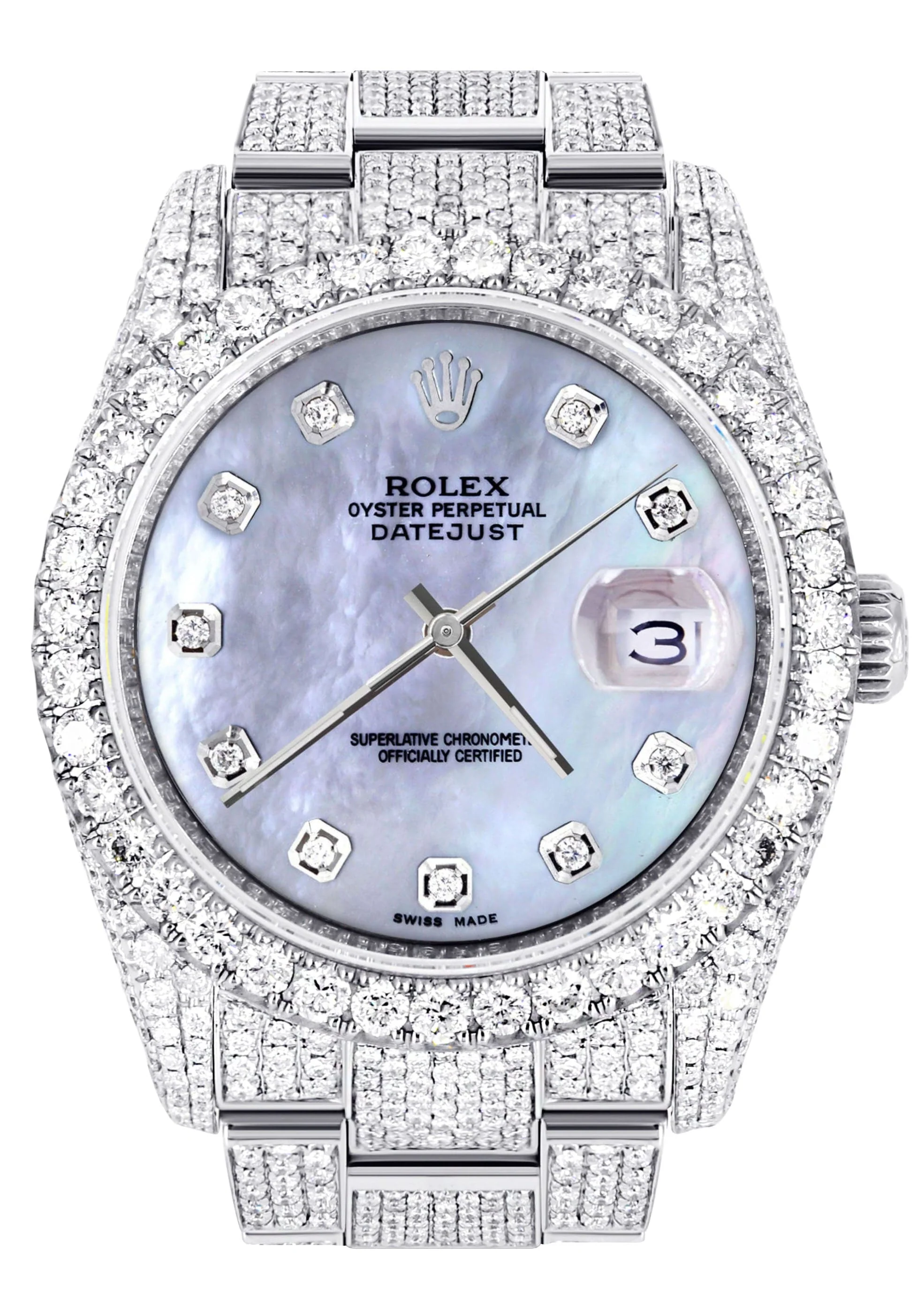 Iced Out Rolex Datejust 36 MM | Stainless Steel | 16.5 Carats of Diamonds | Mother of Pearl Diamond Dial | Oyster Band | Model 116200