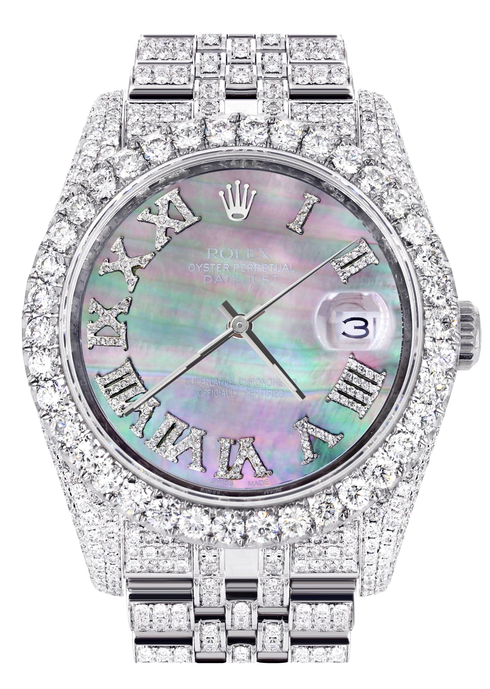 Iced Out Rolex Datejust 36 MM | Stainless Steel | 16.5 Carats of Diamonds | Mother of Pearl Roman Diamond Dial | Jubilee Band | Model 116200