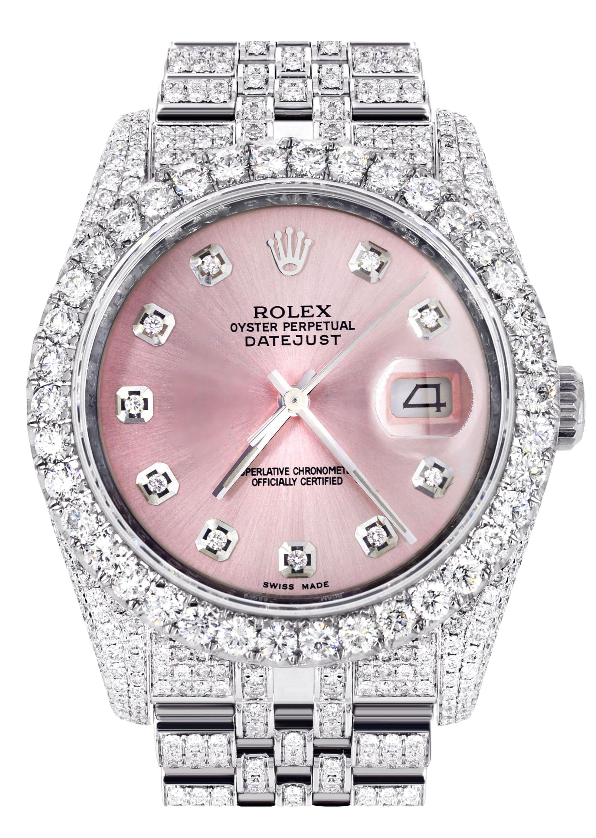 Iced Out Rolex Datejust 36 MM | Stainless Steel | 16.5 Carats of Diamonds | Pink Diamond Dial | Jubilee Band | Model 116200