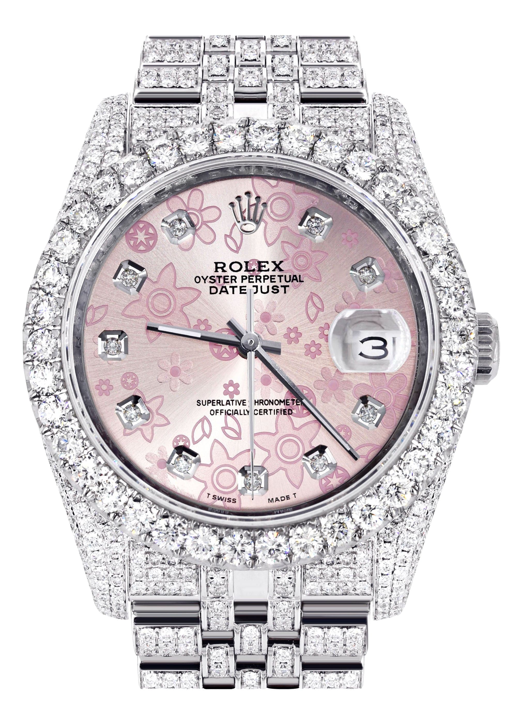 Iced Out Rolex Datejust 36 MM | Stainless Steel | 16.5 Carats of Diamonds | Pink Floral Diamond Dial | Jubilee Band | Model 116200