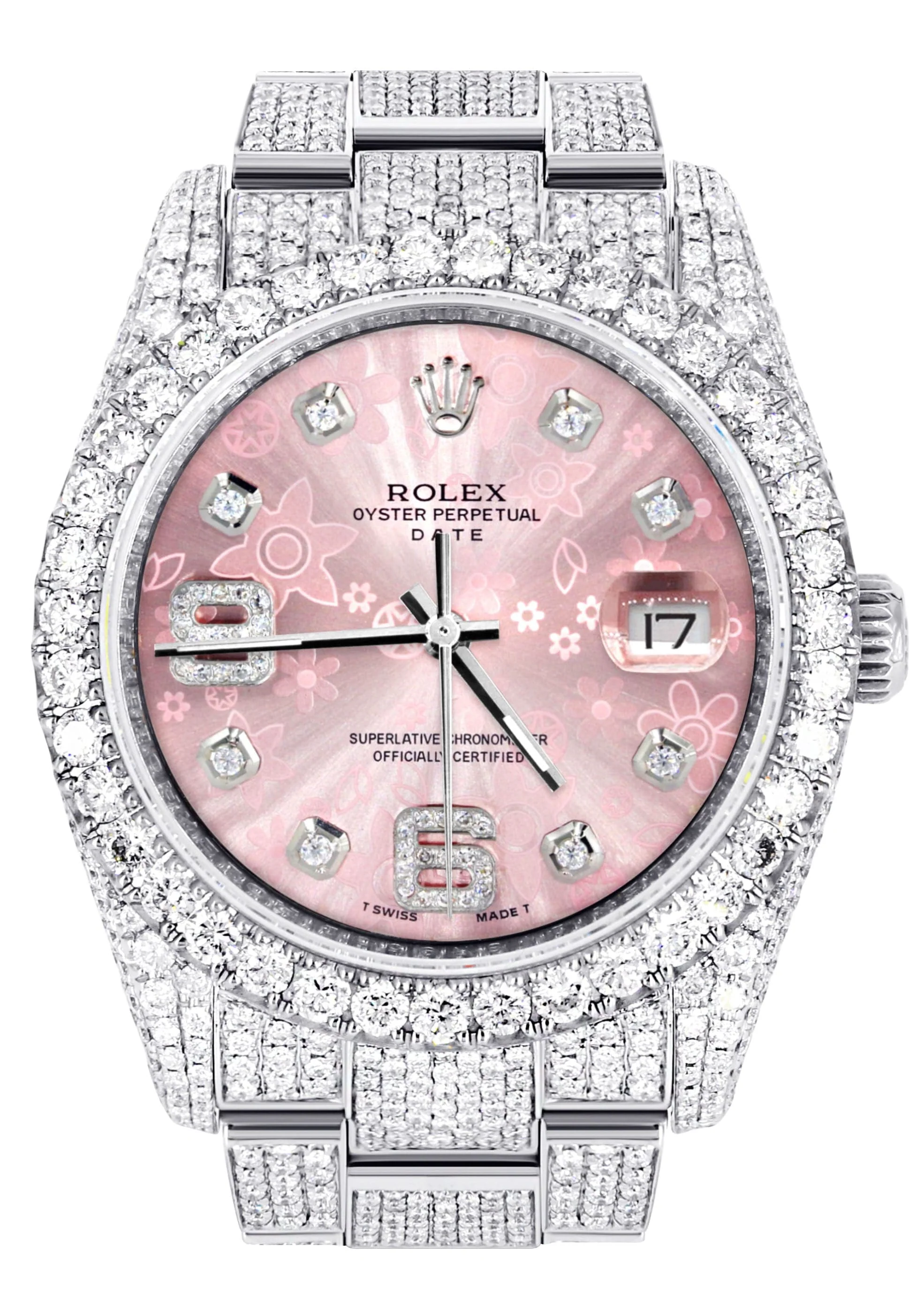 Iced Out Rolex Datejust 36 MM | Stainless Steel | 16.5 Carats of Diamonds | Pink Floral Diamond Dial | Oyster Band | Model 116200