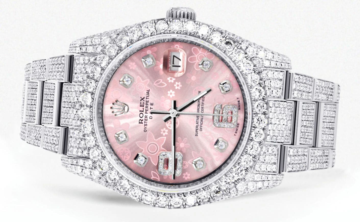 Iced Out Rolex Datejust 36 MM | Stainless Steel | 16.5 Carats of Diamonds | Pink Floral Diamond Dial | Oyster Band | Model 116200 - Image 2