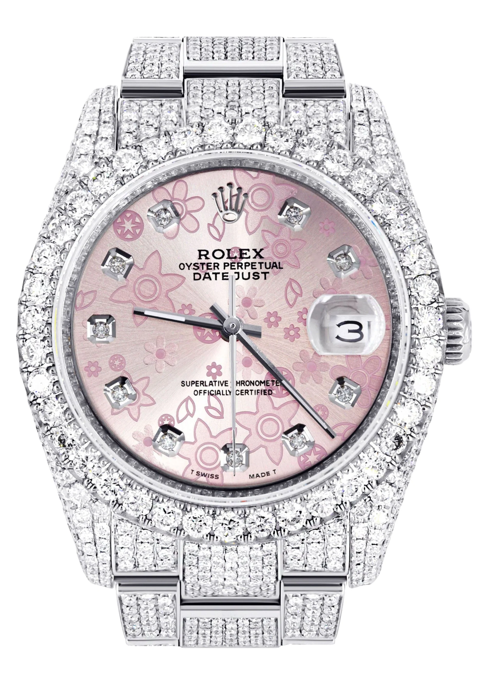 Iced Out Rolex Datejust 36 MM | Stainless Steel | 16.5 Carats of Diamonds | Pink Flower Diamond Dial | Oyster Band | Model 116200