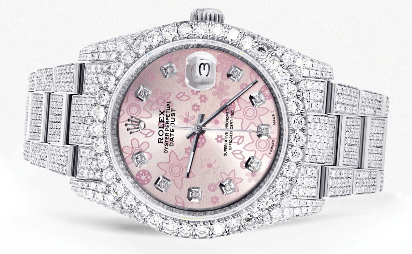Iced Out Rolex Datejust 36 MM | Stainless Steel | 16.5 Carats of Diamonds | Pink Flower Diamond Dial | Oyster Band | Model 116200 - Image 2