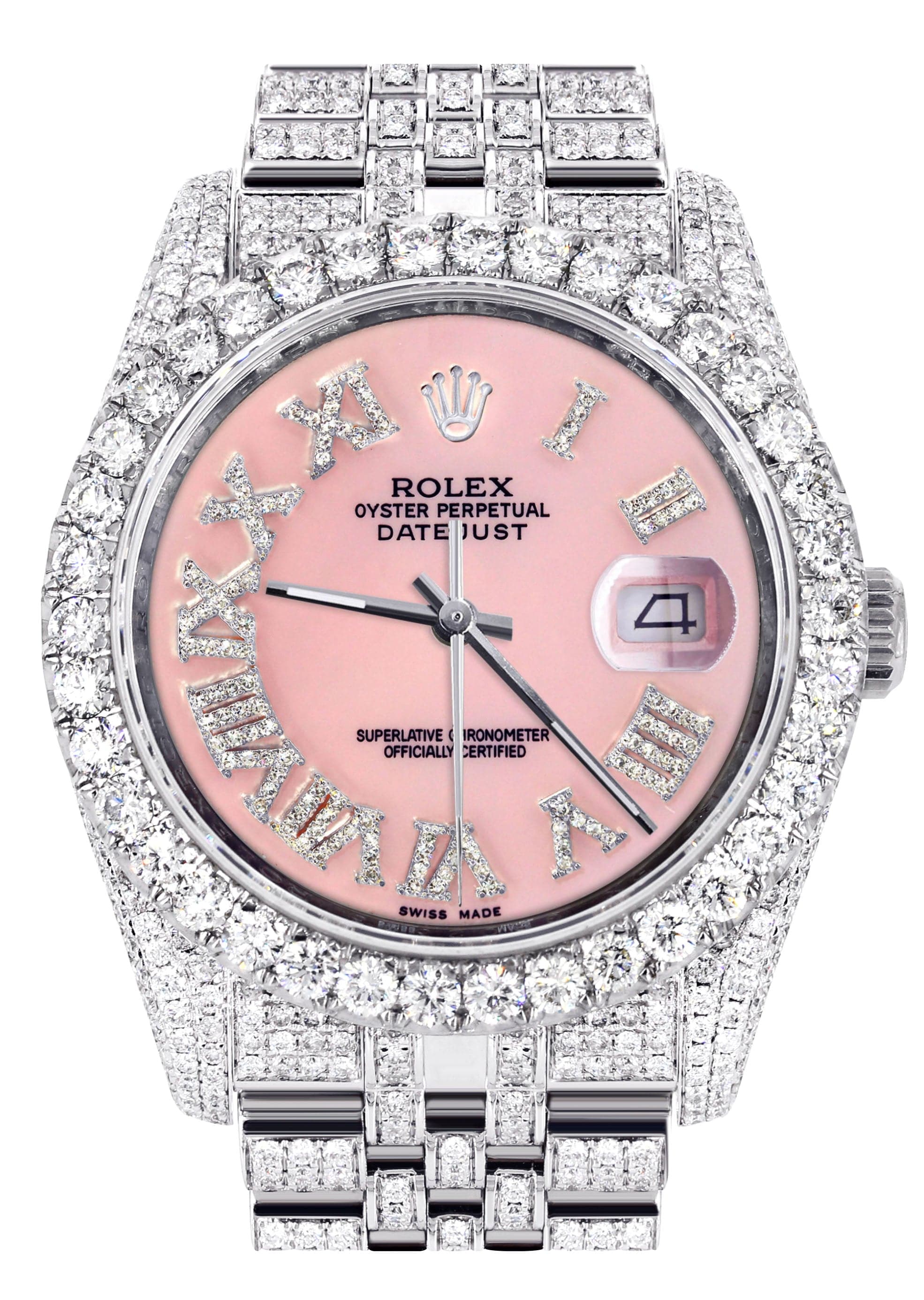 Iced Out Rolex Datejust 36 MM | Stainless Steel | 16.5 Carats of Diamonds | Pink Roman Diamond Dial | Jubilee Band | Model 116200