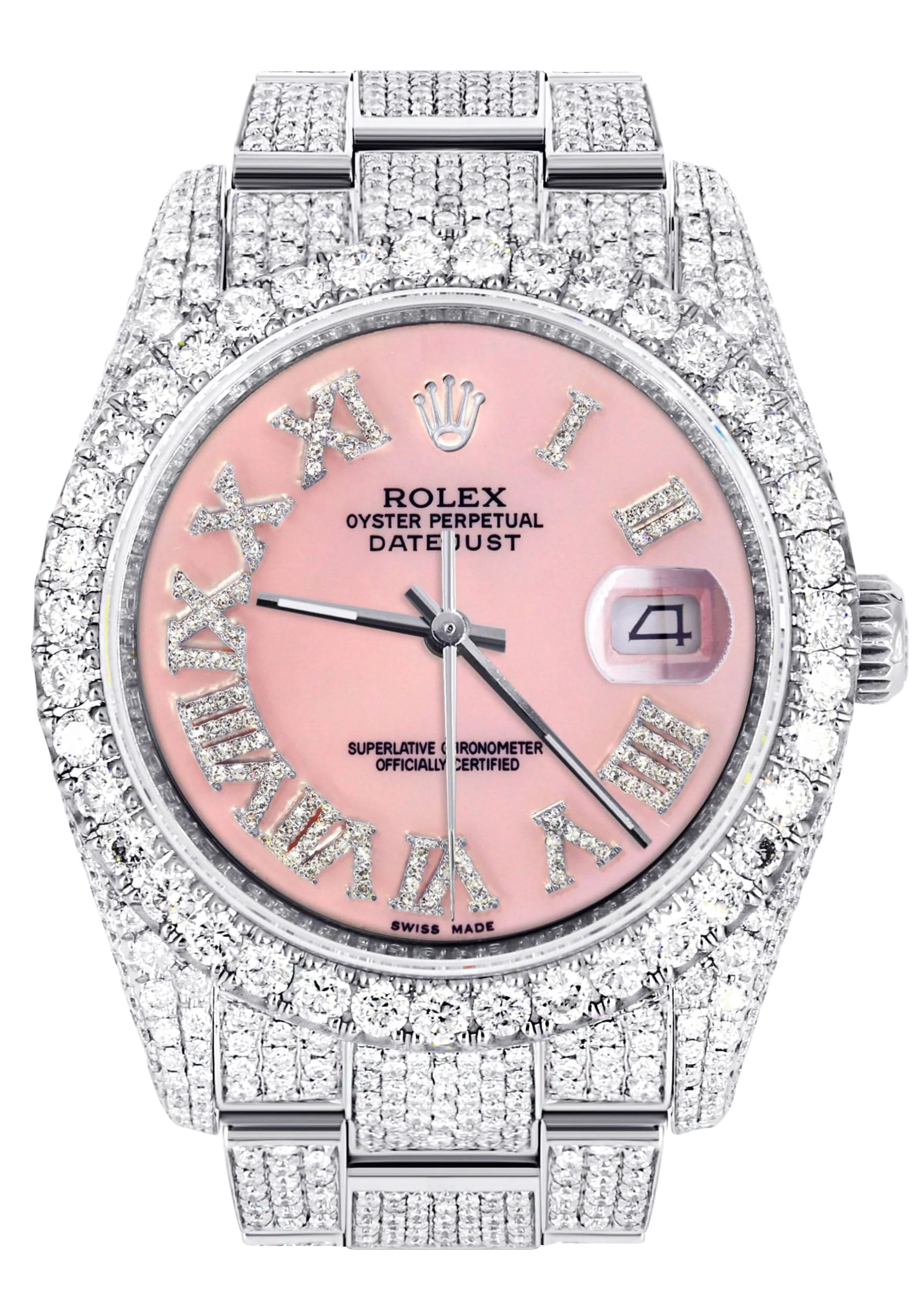 Iced Out Rolex Datejust 36 MM | Stainless Steel | 16.5 Carats of Diamonds | Pink Roman Diamond Dial | Oyster Band | Model 116200