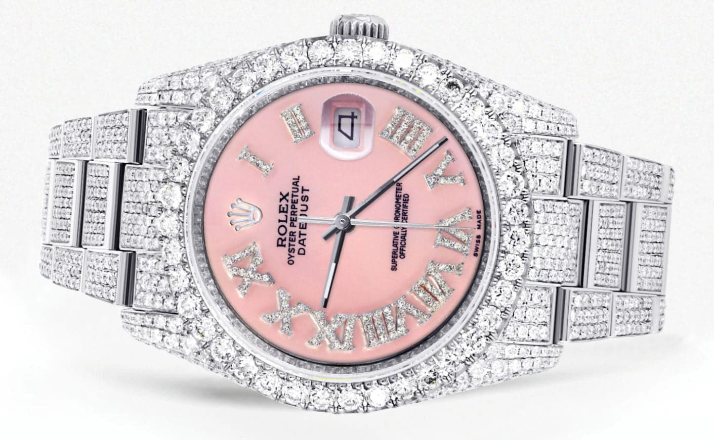 Iced Out Rolex Datejust 36 MM | Stainless Steel | 16.5 Carats of Diamonds | Pink Roman Diamond Dial | Oyster Band | Model 116200 - Image 2