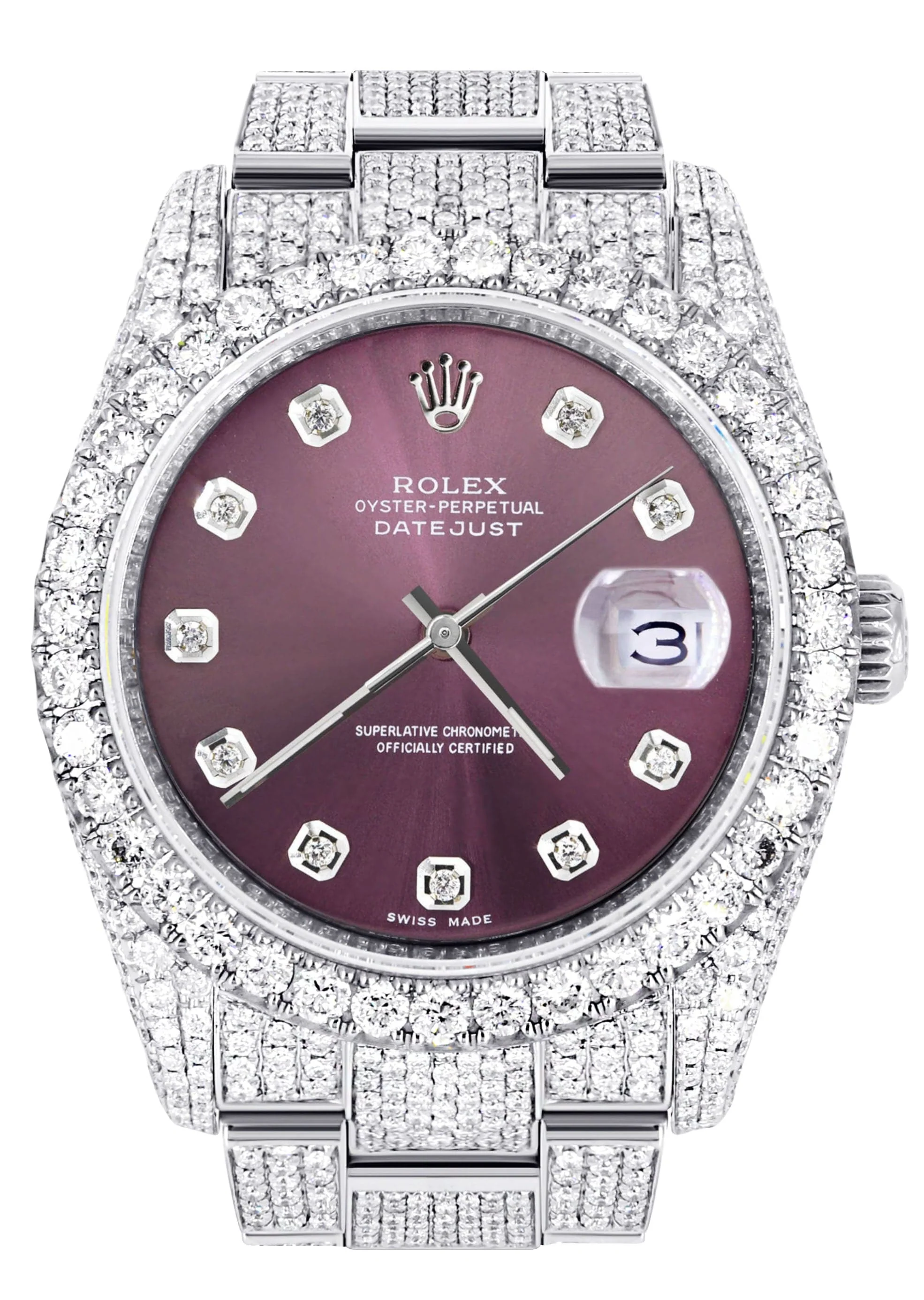 Iced Out Rolex Datejust 36 MM | Stainless Steel | 16.5 Carats of Diamonds | Purple Diamond Dial | Oyster Band | Model 116200