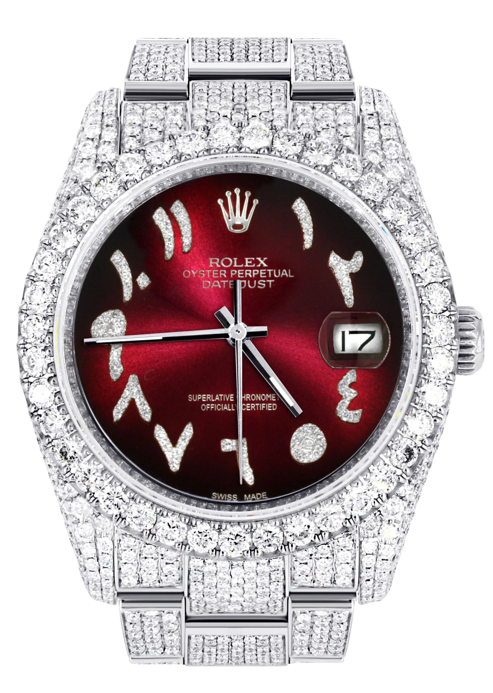 Iced Out Rolex Datejust 36 MM | Stainless Steel | 16.5 Carats of Diamonds | Red Black Arabic Diamond Dial | Oyster Band | Model 116200