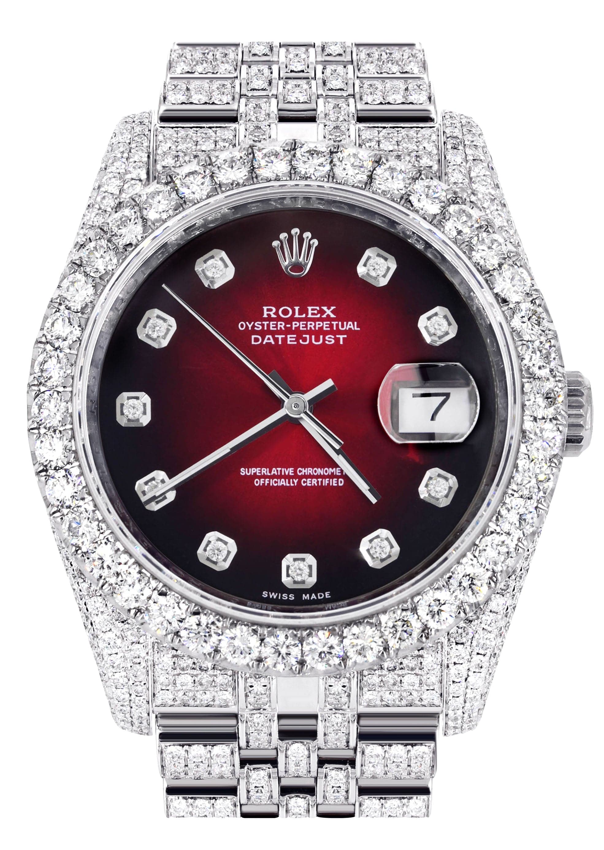 Iced Out Rolex Datejust 36 MM | Stainless Steel | 16.5 Carats of Diamonds | Red Black Diamond Dial | Jubilee Band | Model 116200