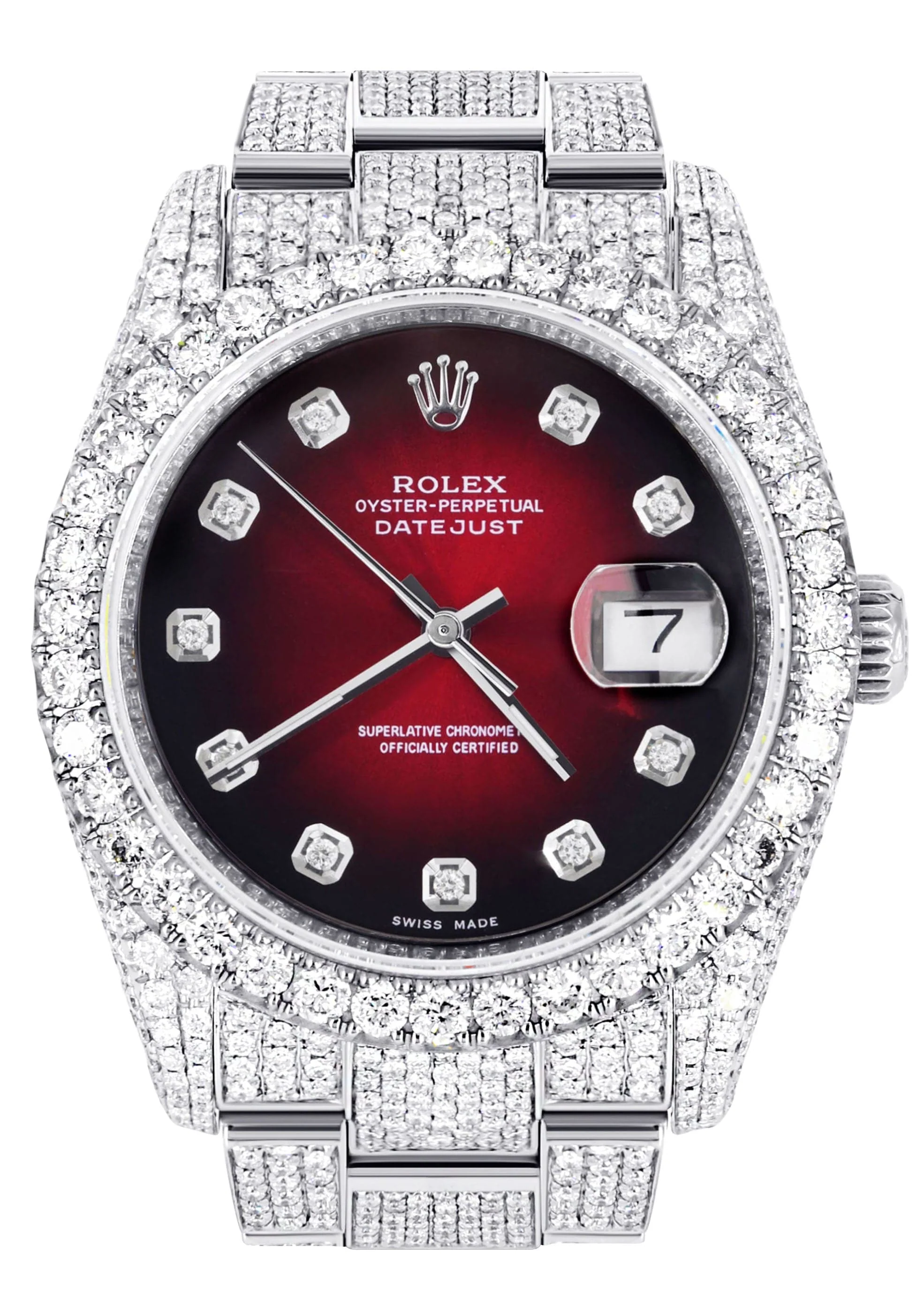Iced Out Rolex Datejust 36 MM | Stainless Steel | 16.5 Carats of Diamonds | Red Black Diamond Dial | Oyster Band | Model 116200