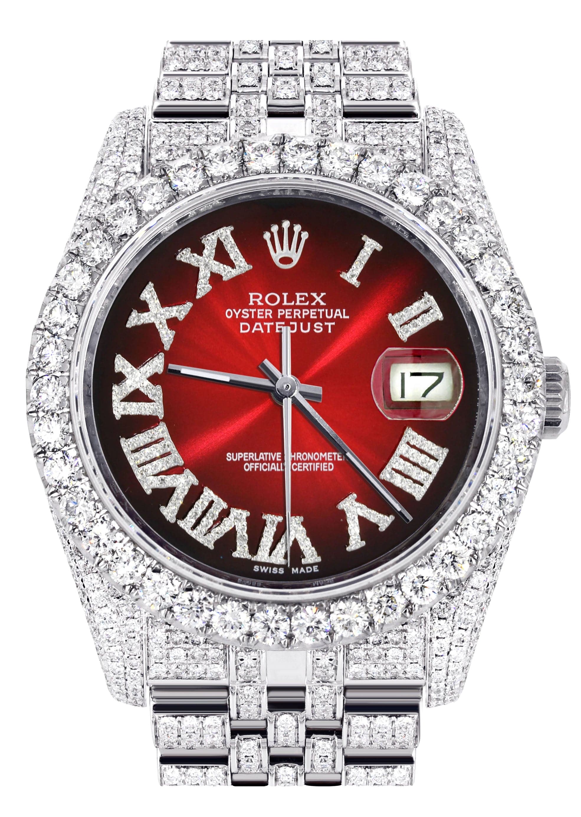Iced Out Rolex Datejust 36 MM | Stainless Steel | 16.5 Carats of Diamonds | Red Black Roman Diamond Dial | Jubilee Band | Model 116200