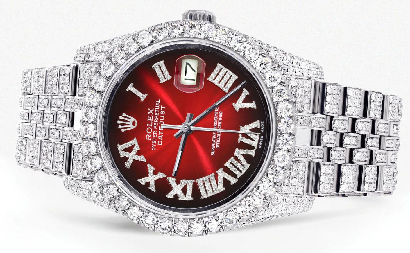 Iced Out Rolex Datejust 36 MM | Stainless Steel | 16.5 Carats of Diamonds | Red Black Roman Diamond Dial | Jubilee Band | Model 116200 - Image 2