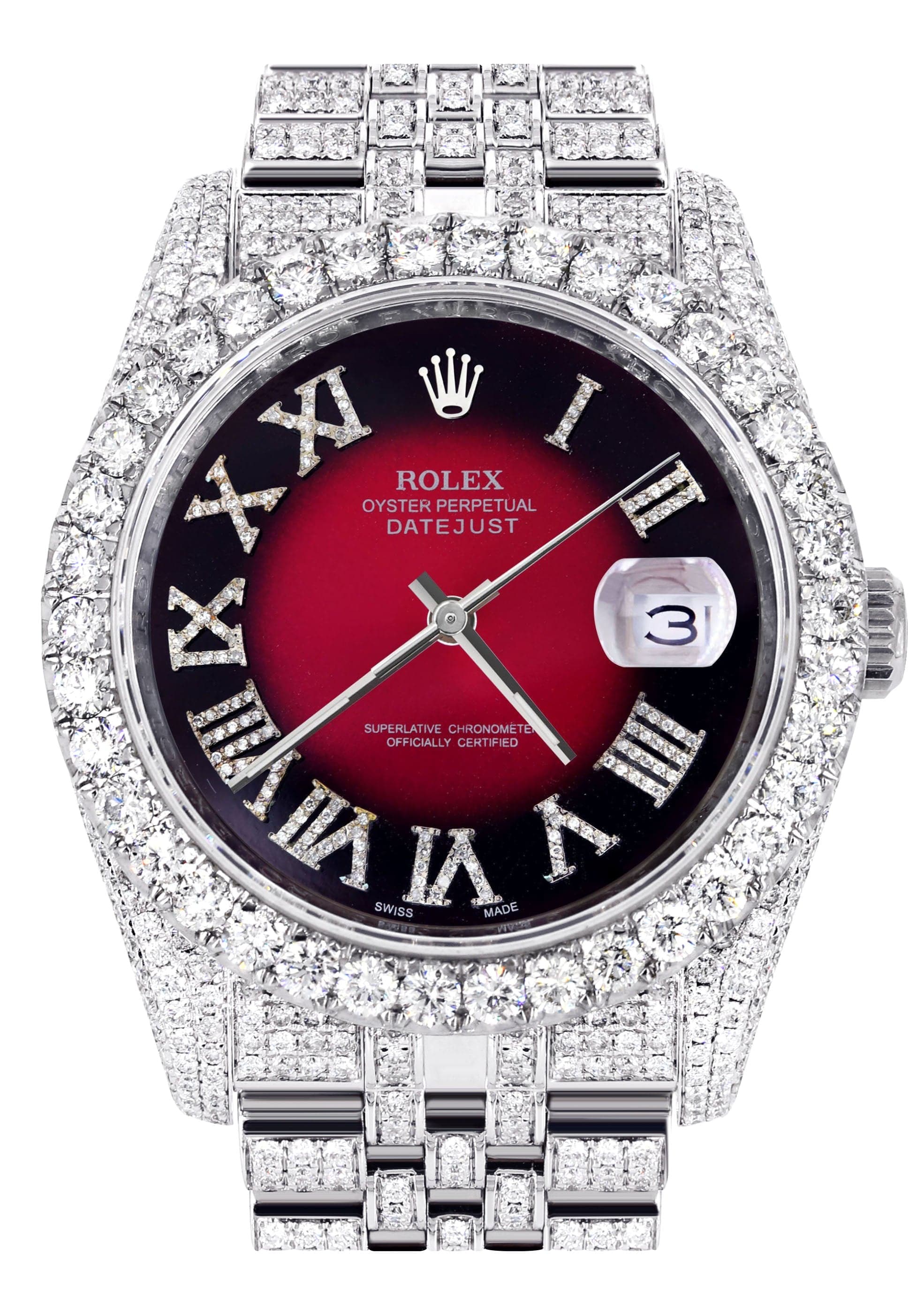 Iced Out Rolex Datejust 36 MM | Stainless Steel | 16.5 Carats of Diamonds | Red Black Roman Diamond Dial | Jubilee Band | Model 116200