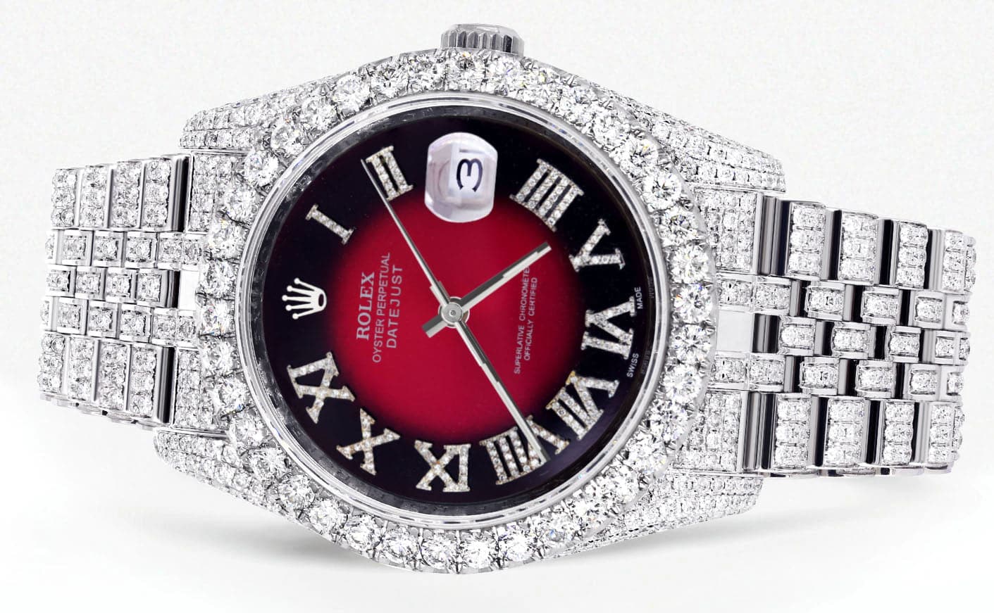 Iced Out Rolex Datejust 36 MM | Stainless Steel | 16.5 Carats of Diamonds | Red Black Roman Diamond Dial | Jubilee Band | Model 116200 - Image 2