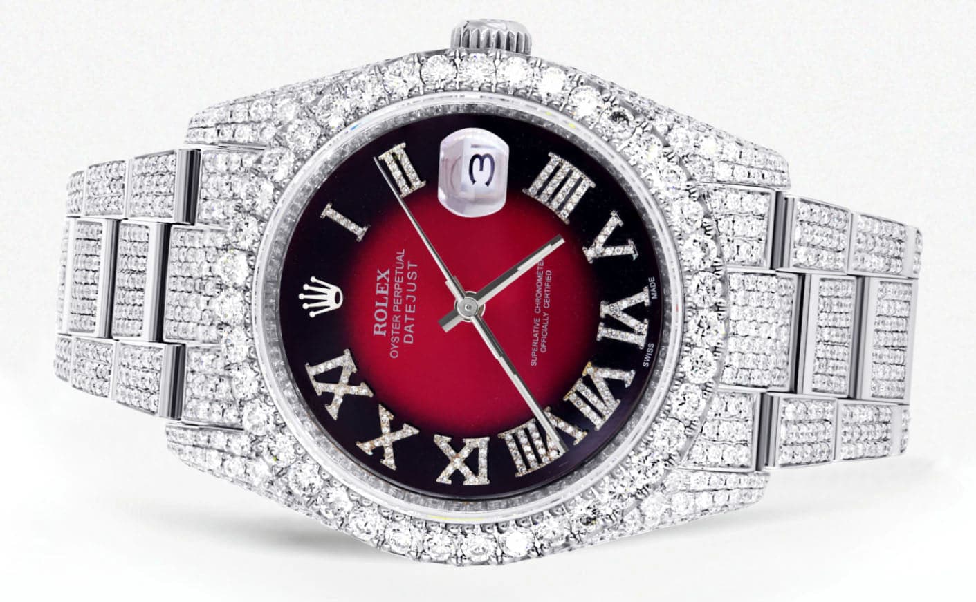 Iced Out Rolex Datejust 36 MM | Stainless Steel | 16.5 Carats of Diamonds | Red Black Roman Diamond Dial | Oyster Band | Model 116200 - Image 2