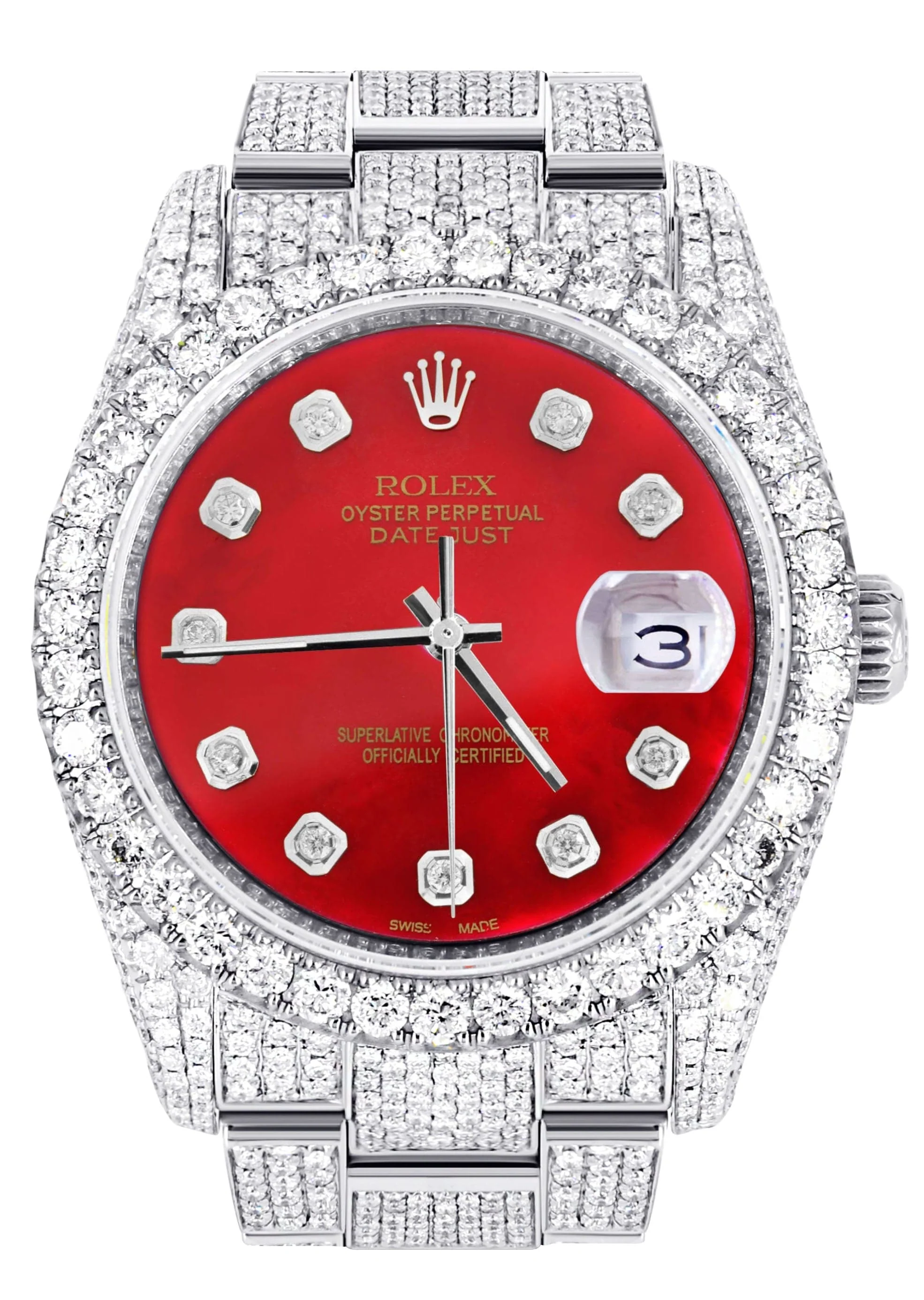 Iced Out Rolex Datejust 36 MM | Stainless Steel | 16.5 Carats of Diamonds | Red Diamond Dial | Oyster Band | Model 116200