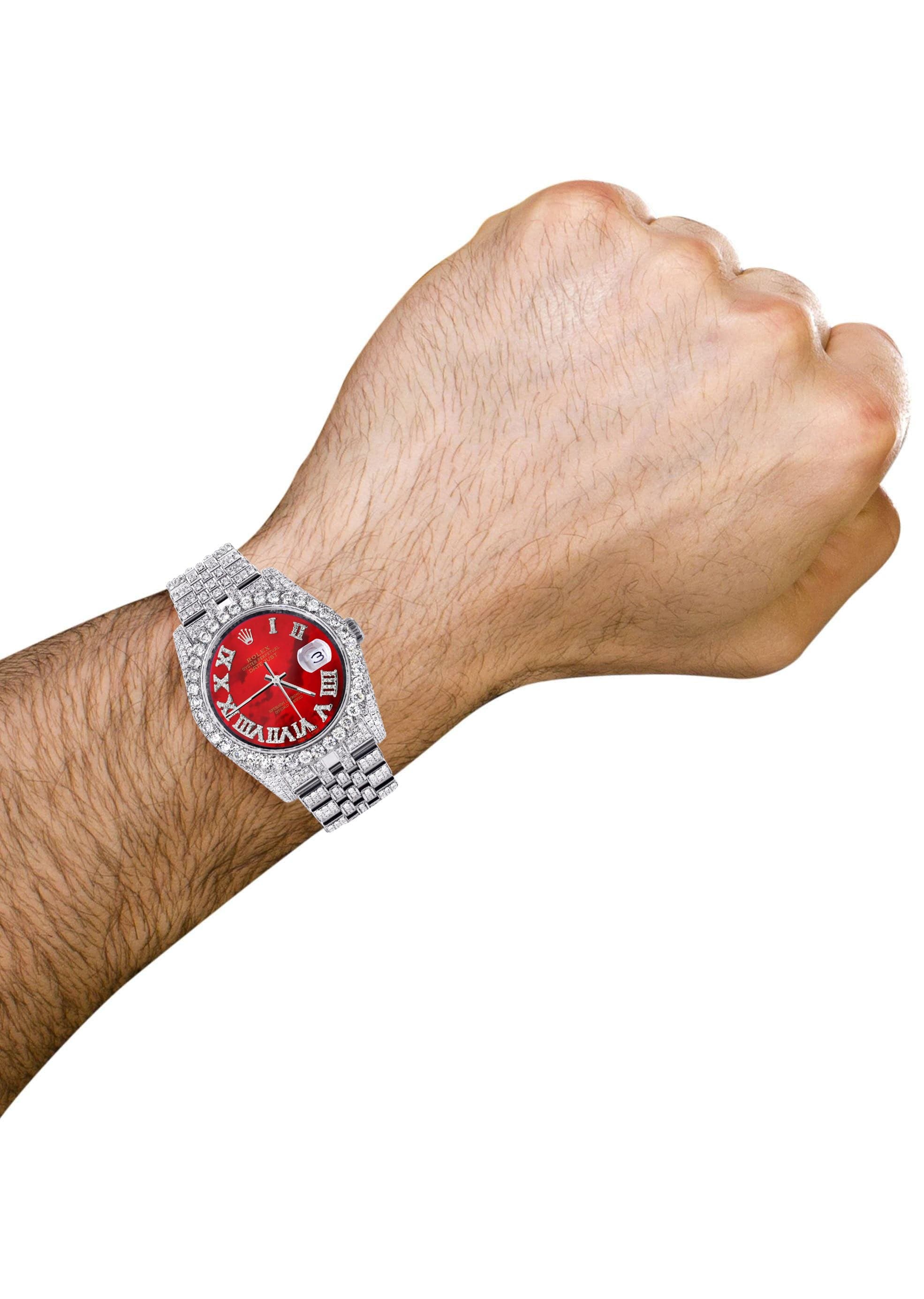 Iced Out Rolex Datejust 36 MM | Stainless Steel | 16.5 Carats of Diamonds | Red Mother of Pearl Roman Diamond Dial | Jubilee Band | Model 116200 - Image 3