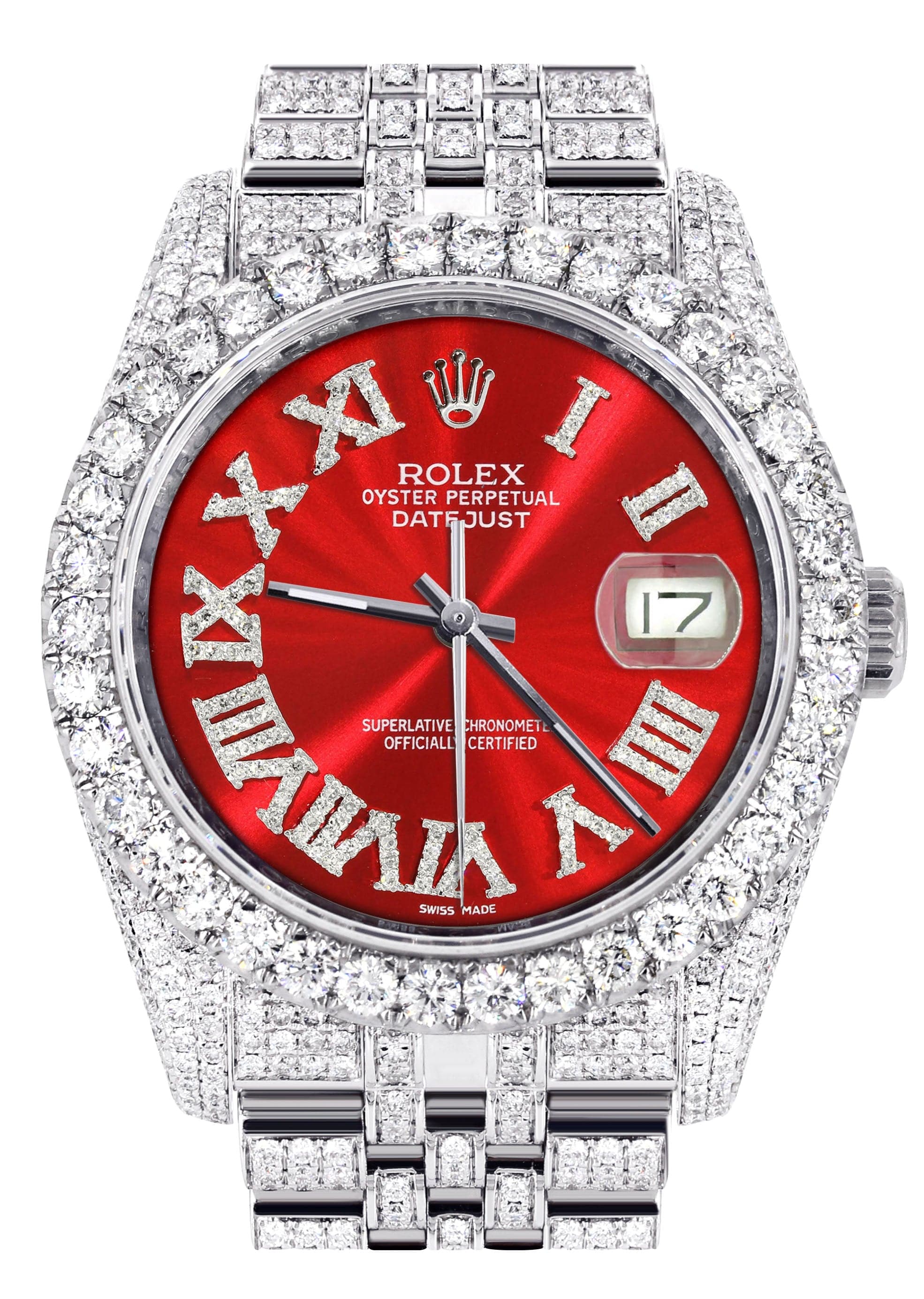 Iced Out Rolex Datejust 36 MM | Stainless Steel | 16.5 Carats of Diamonds | Red Roman Diamond Dial | Jubilee Band | Model 116200