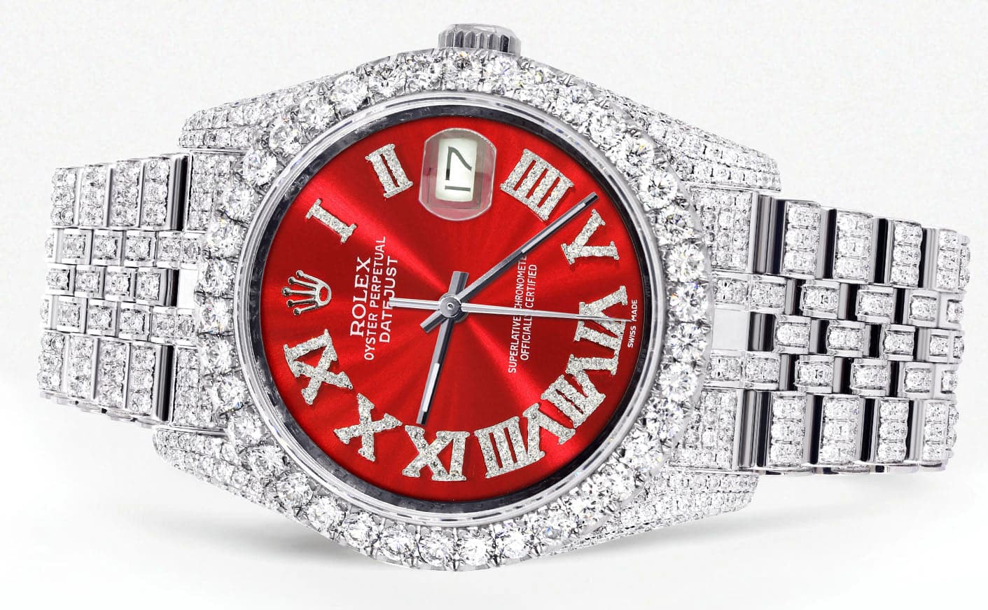 Iced Out Rolex Datejust 36 MM | Stainless Steel | 16.5 Carats of Diamonds | Red Roman Diamond Dial | Jubilee Band | Model 116200 - Image 2