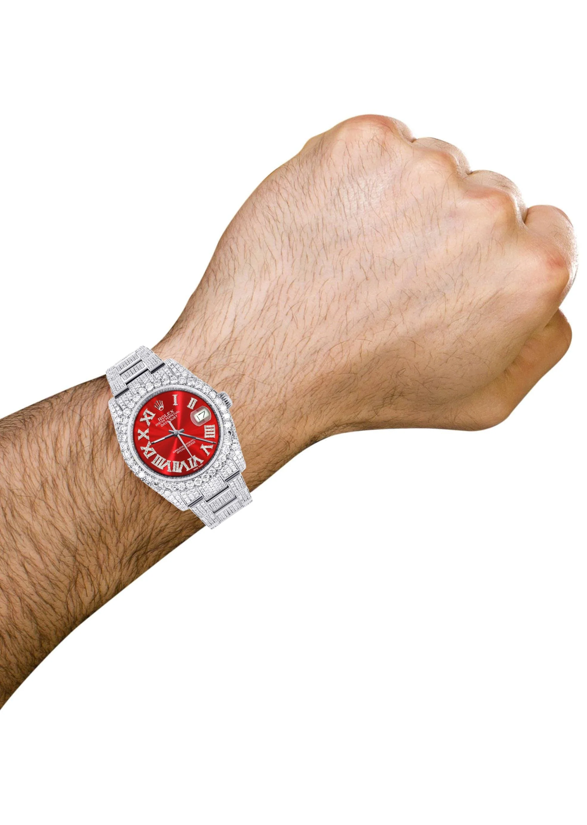 Iced Out Rolex Datejust 36 MM | Stainless Steel | 16.5 Carats of Diamonds | Red Roman Diamond Dial | Oyster Band | Model 116200 - Image 3